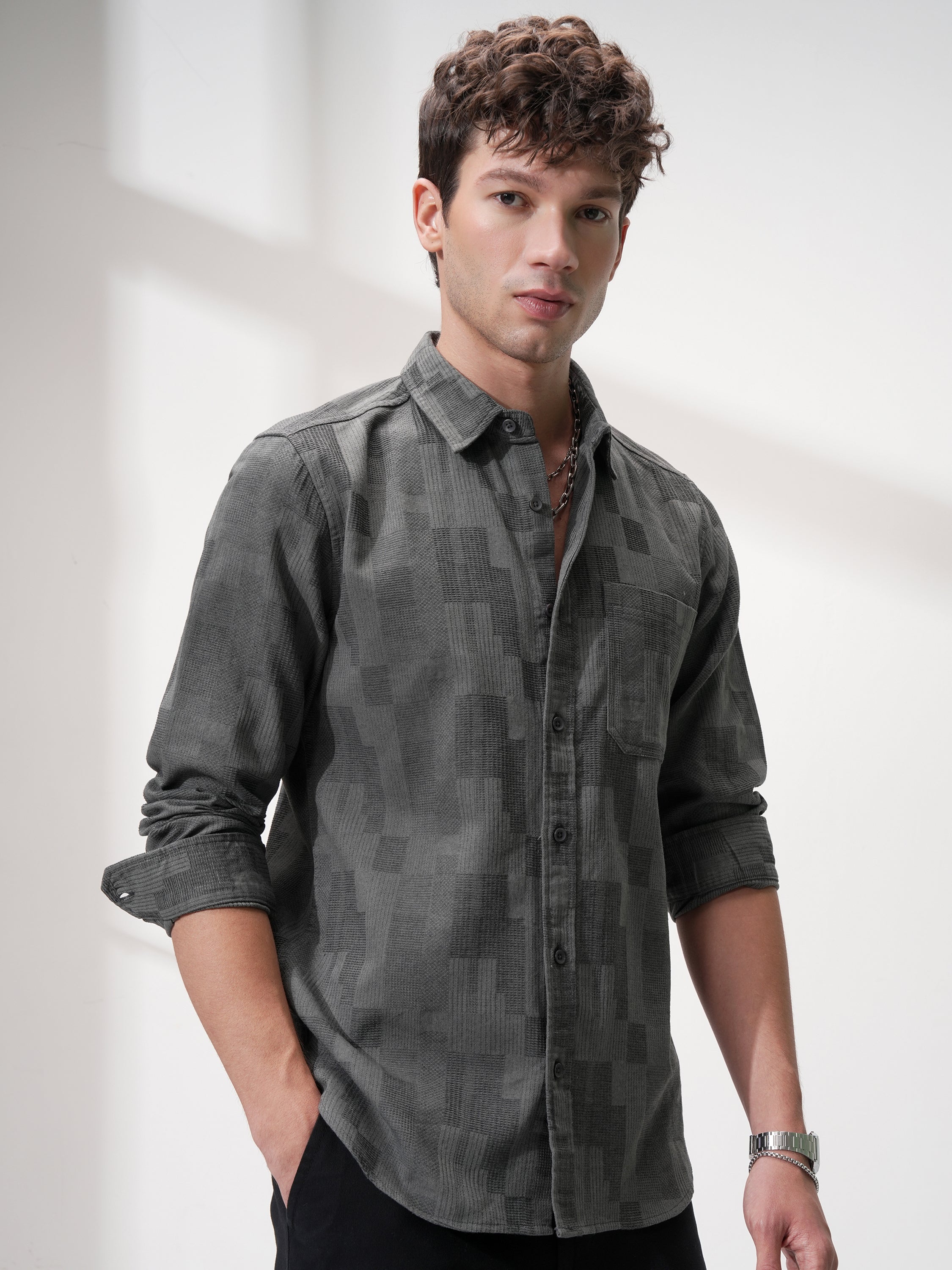 Highlander Men Charcoal Self Design Slim Fit Casual Shirt - Charcoal - Image 6