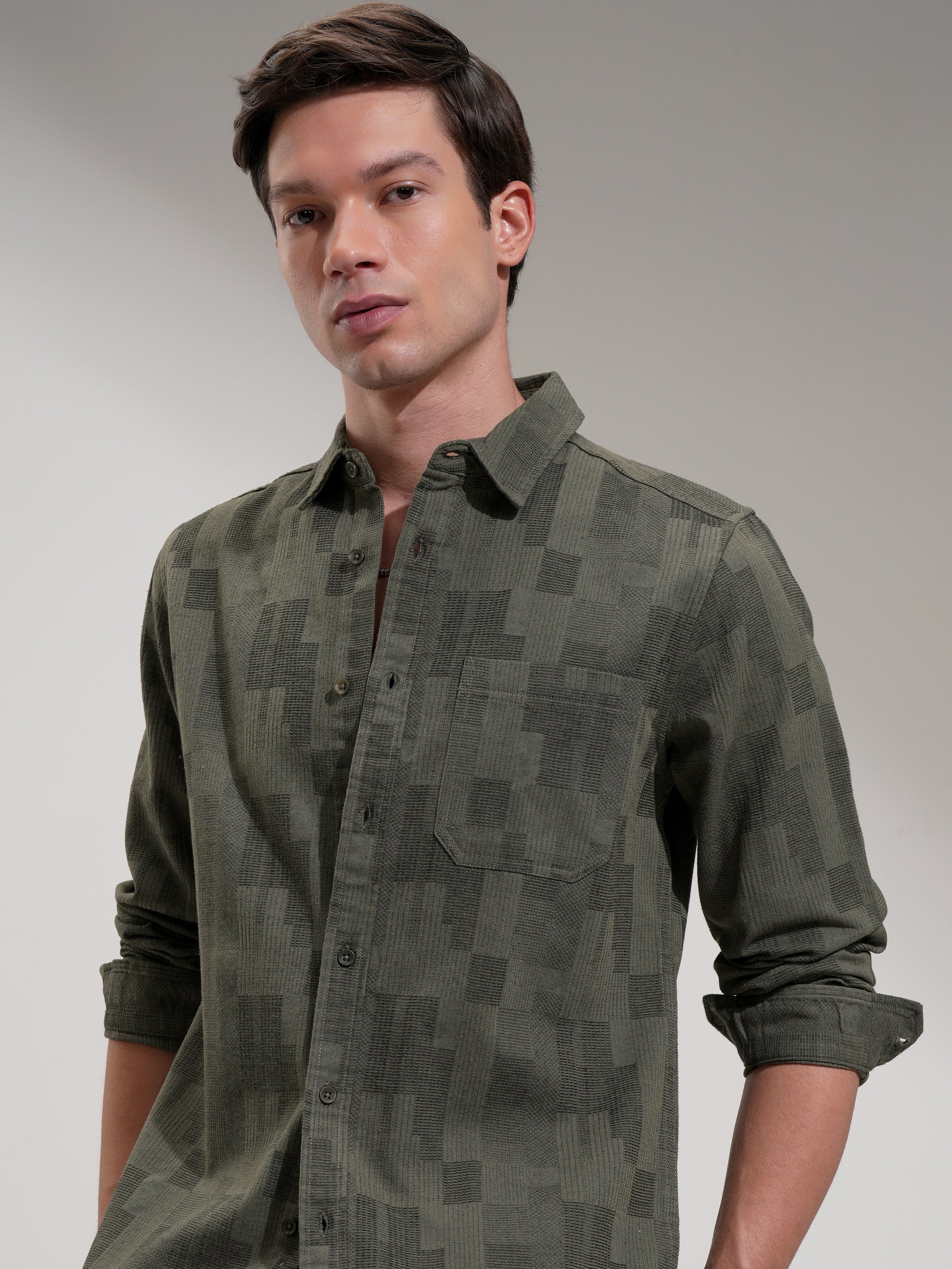 Highlander Men Olive Self Design Slim Fit Casual Shirt - Olive - Image 1