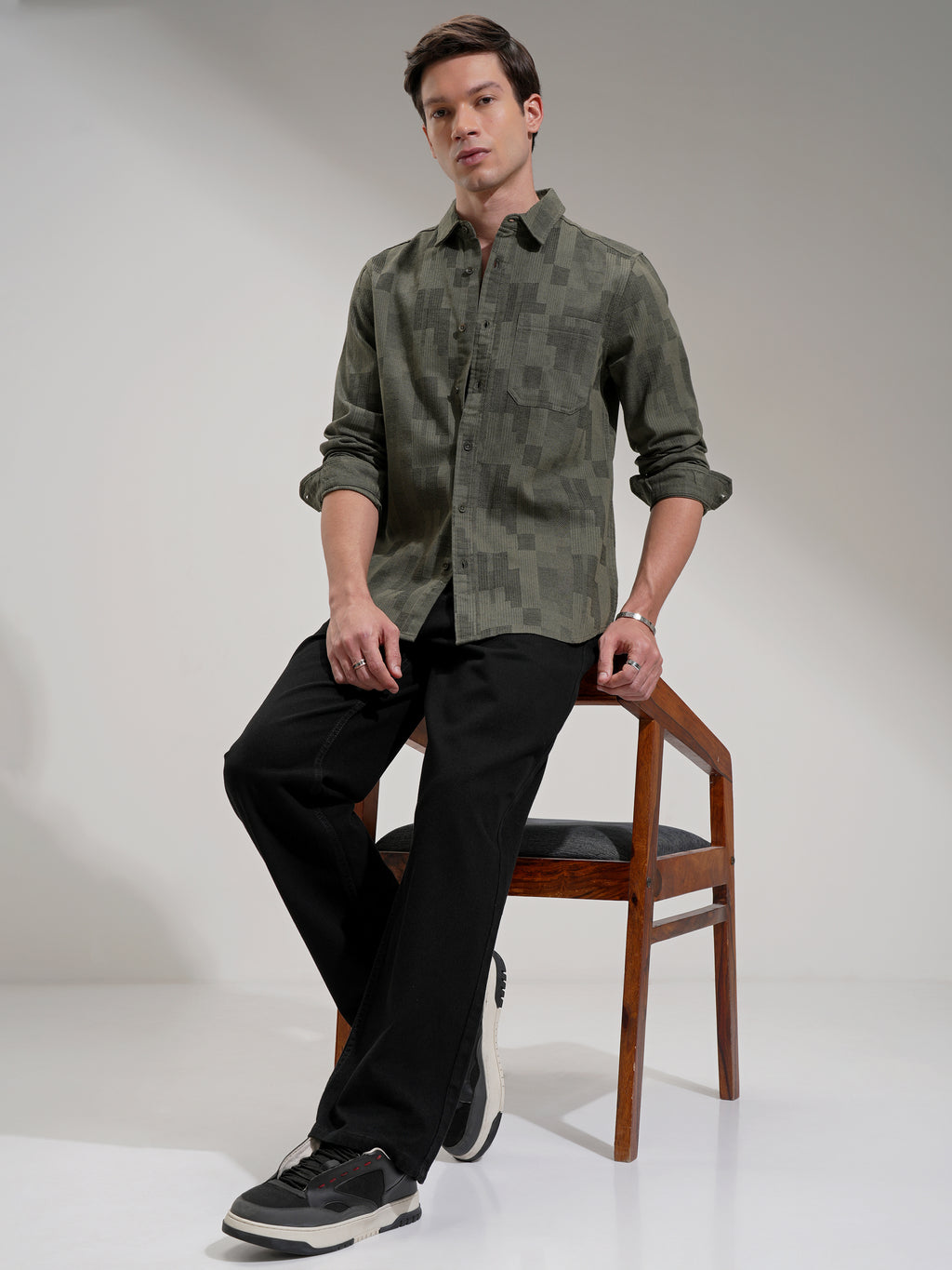 Highlander Men Olive Self Design Slim Fit Casual Shirt - Olive - Image 2