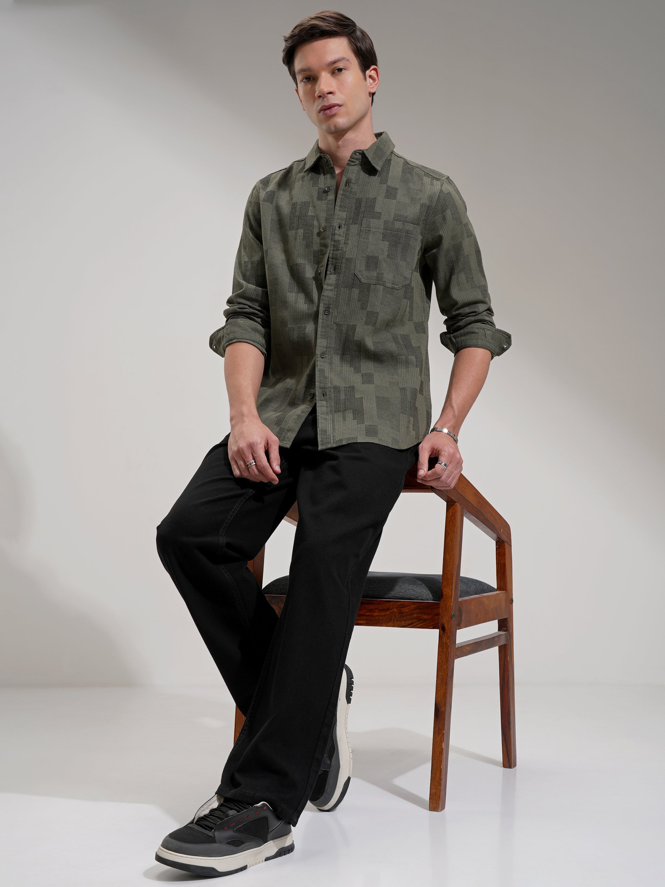 Highlander Men Olive Self Design Slim Fit Casual Shirt - Olive - Image 2
