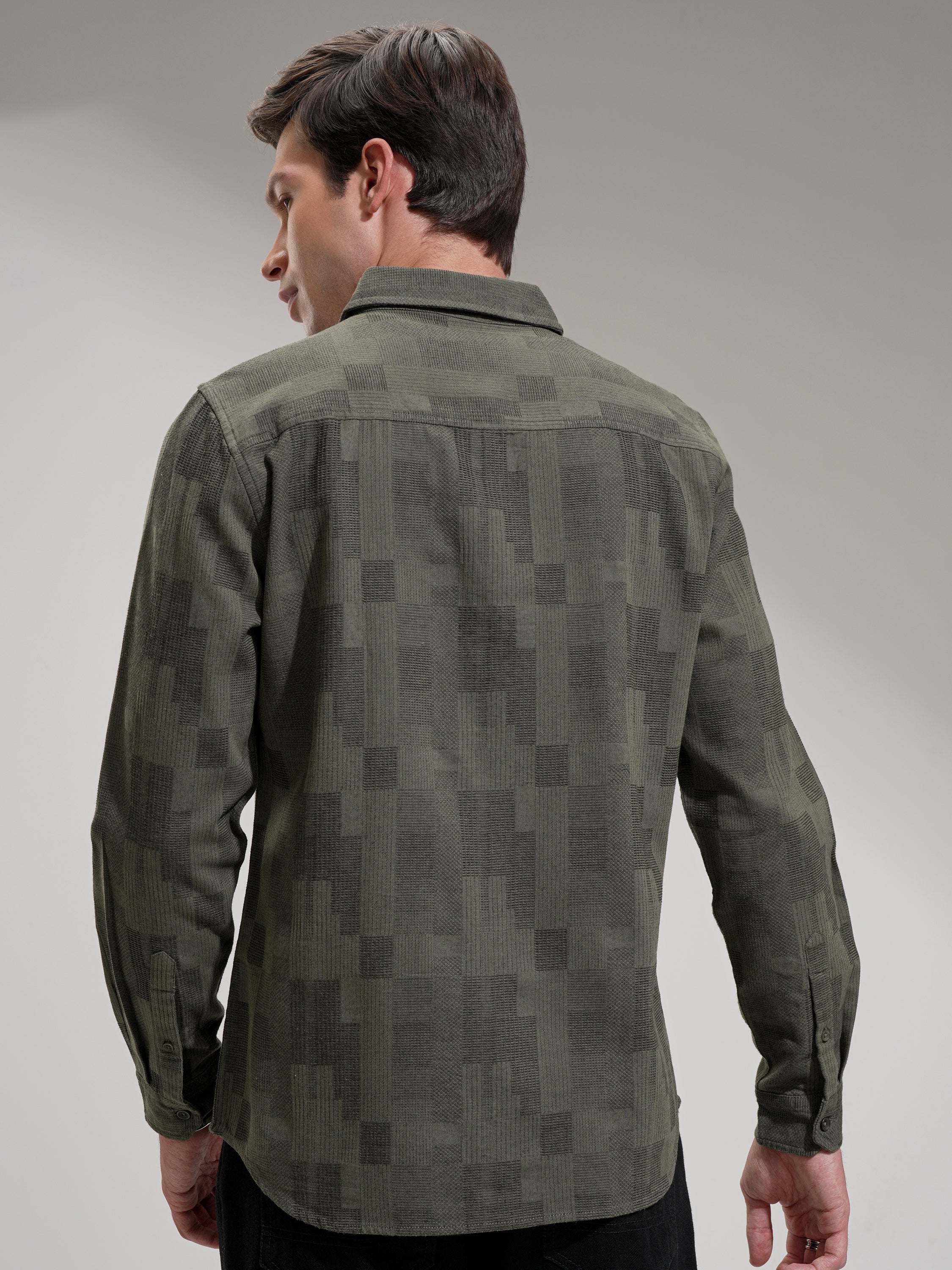 Highlander Men Olive Self Design Slim Fit Casual Shirt - Olive - Image 3