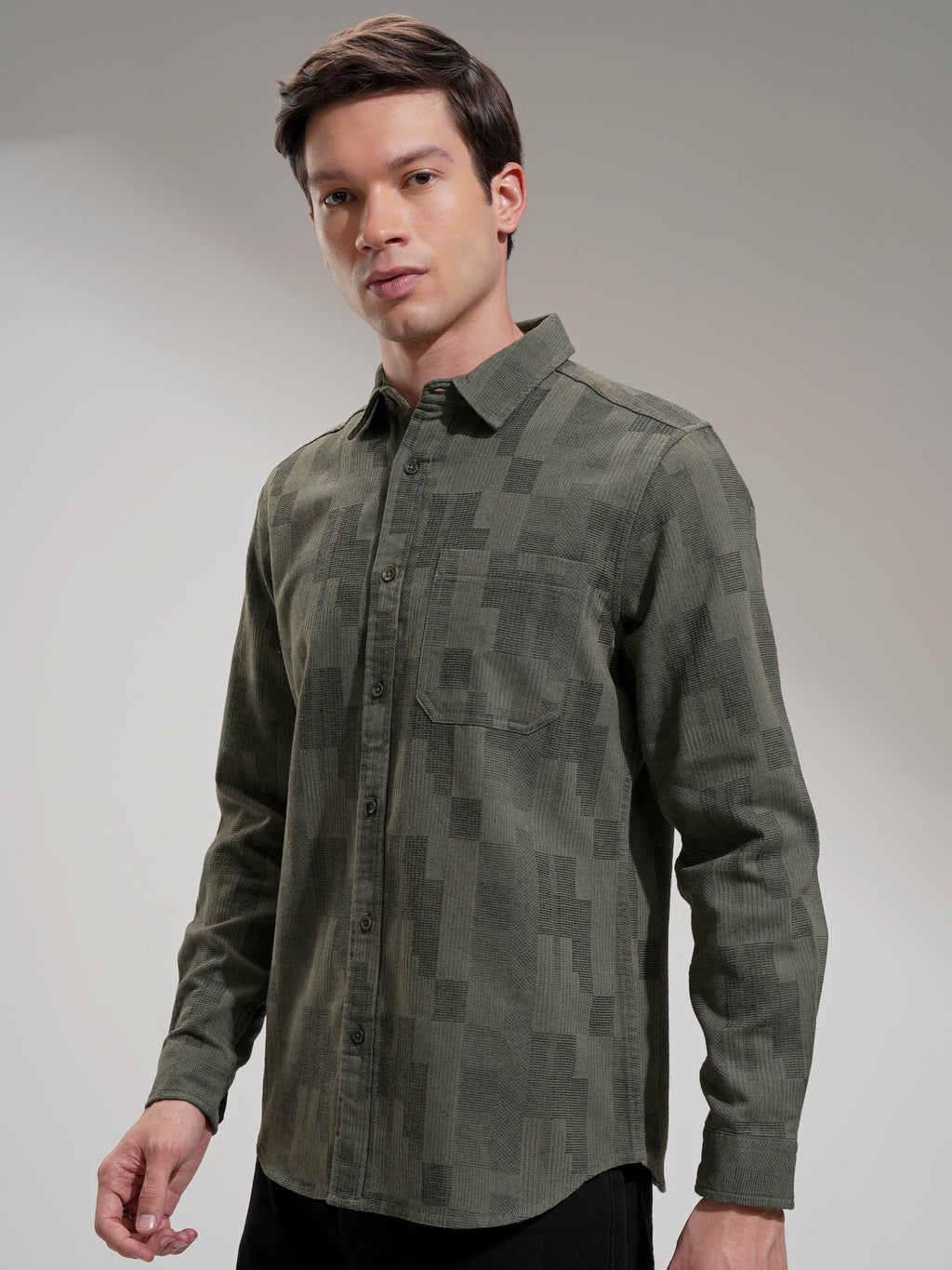 Highlander Men Olive Self Design Slim Fit Casual Shirt - Olive - Image 4