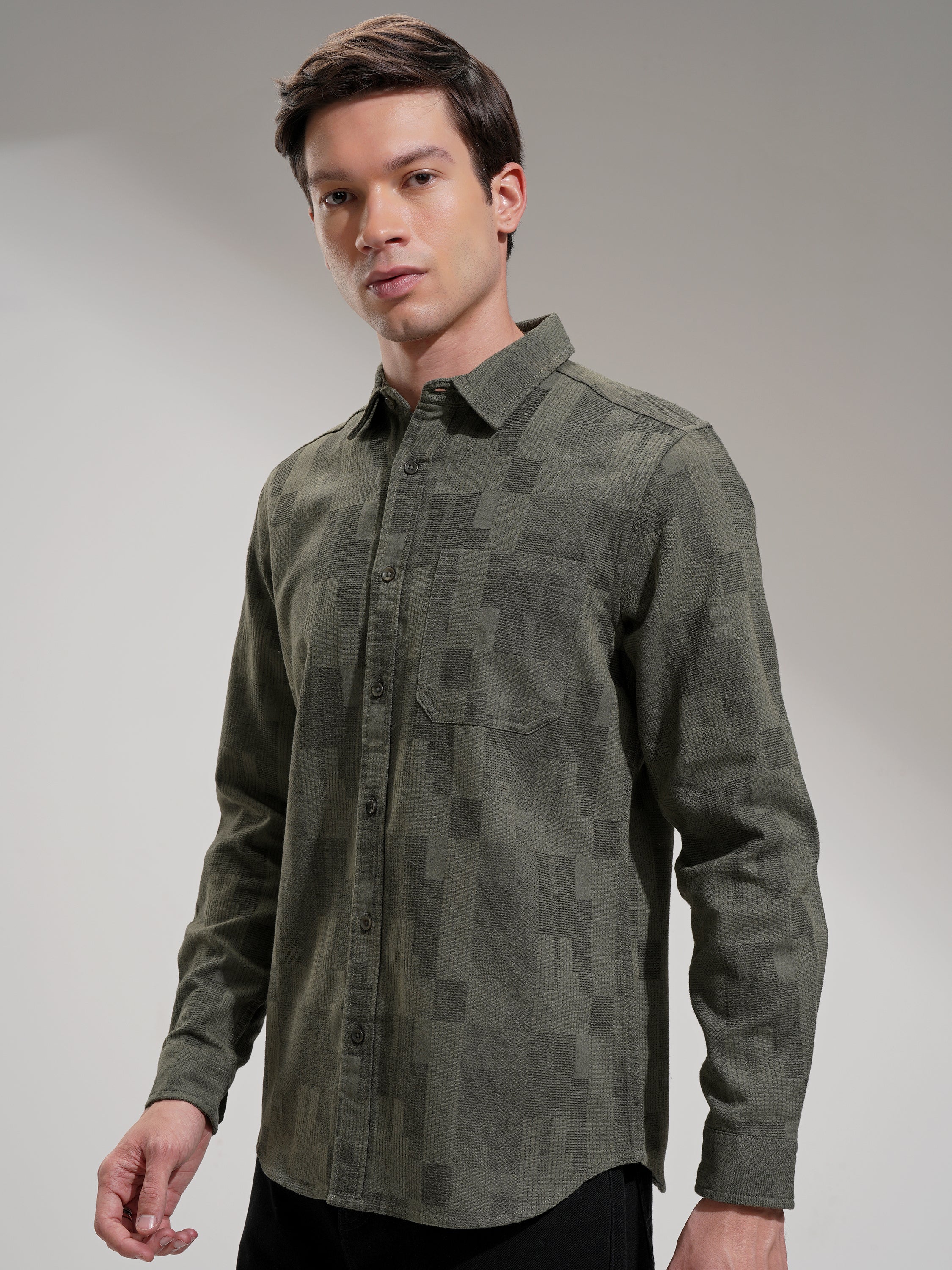 Highlander Men Olive Self Design Slim Fit Casual Shirt - Olive - Image 4