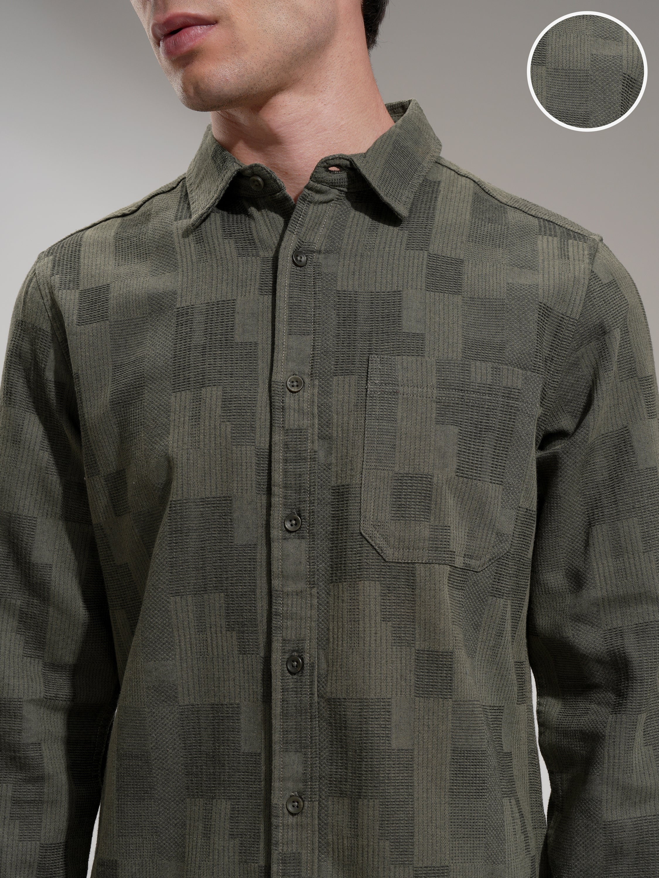 Highlander Men Olive Self Design Slim Fit Casual Shirt - Olive - Image 5