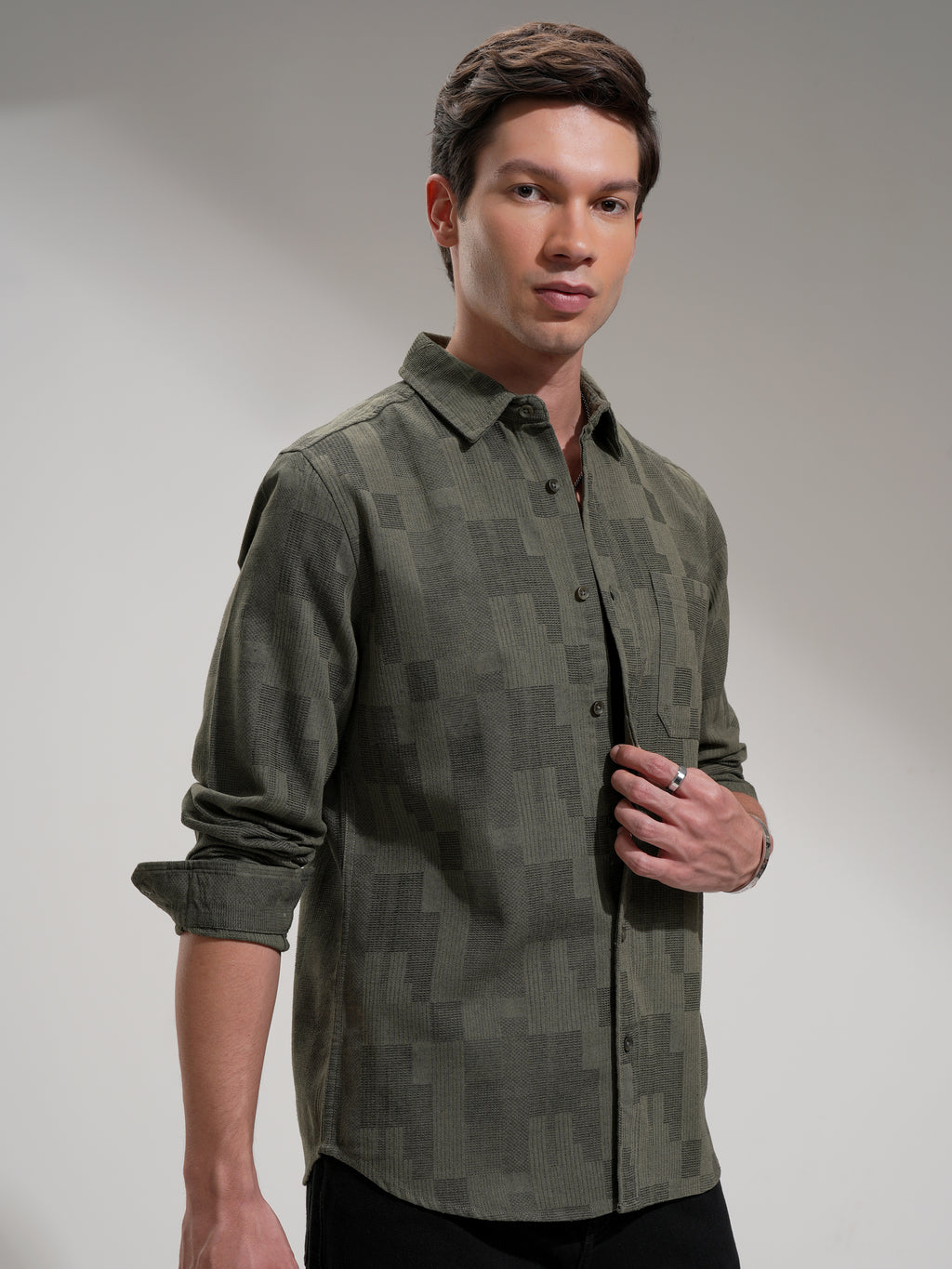 Highlander Men Olive Self Design Slim Fit Casual Shirt - Olive - Image 6