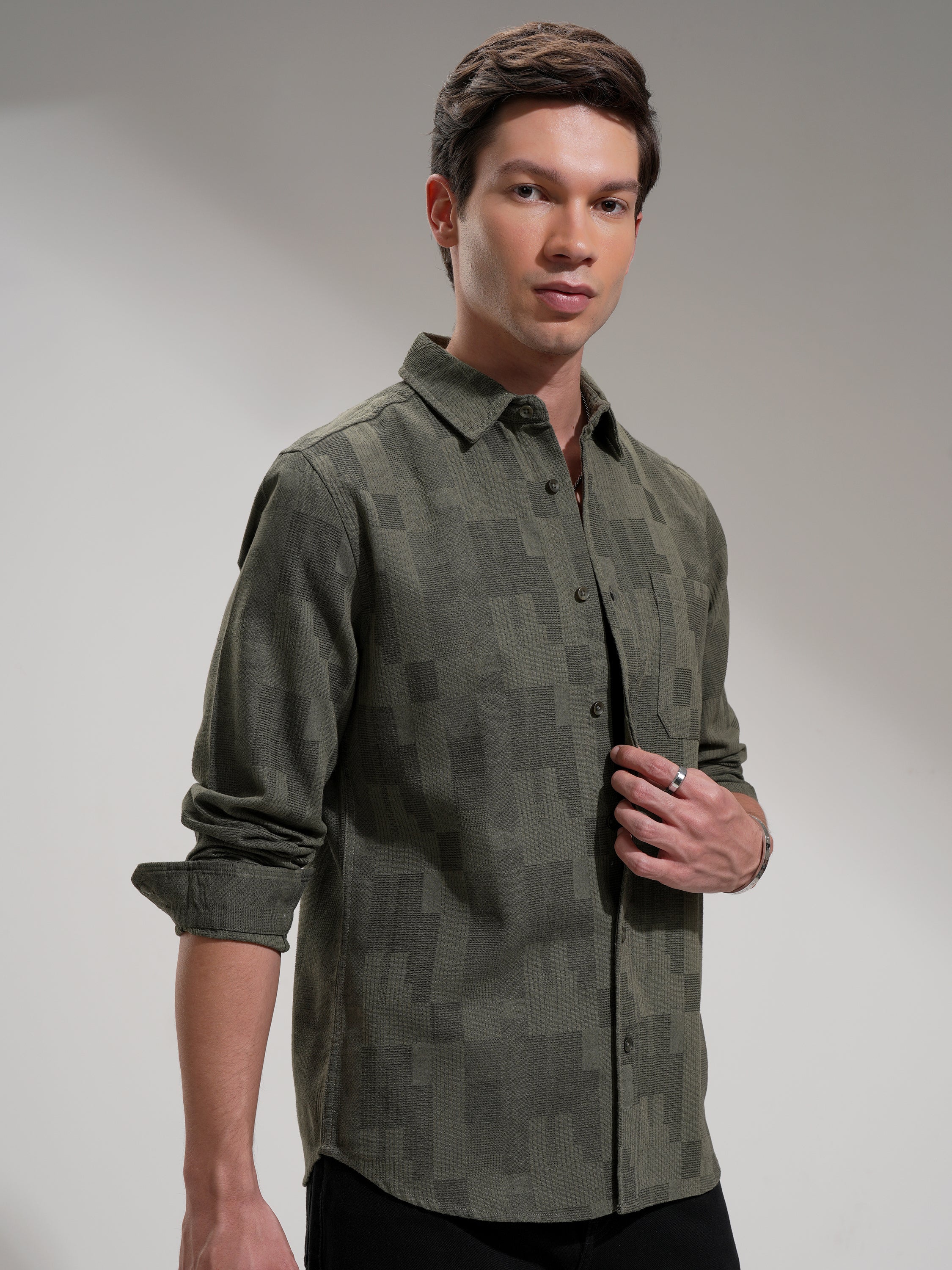Highlander Men Olive Self Design Slim Fit Casual Shirt - Olive - Image 6