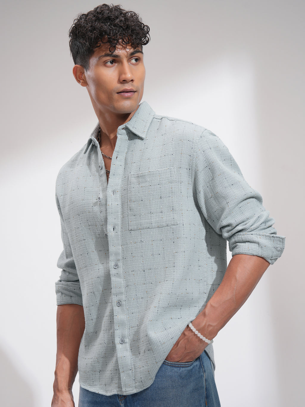 Highlander Men Grey Self Design Relaxed Fit Casual Shirt - Grey - Image 4