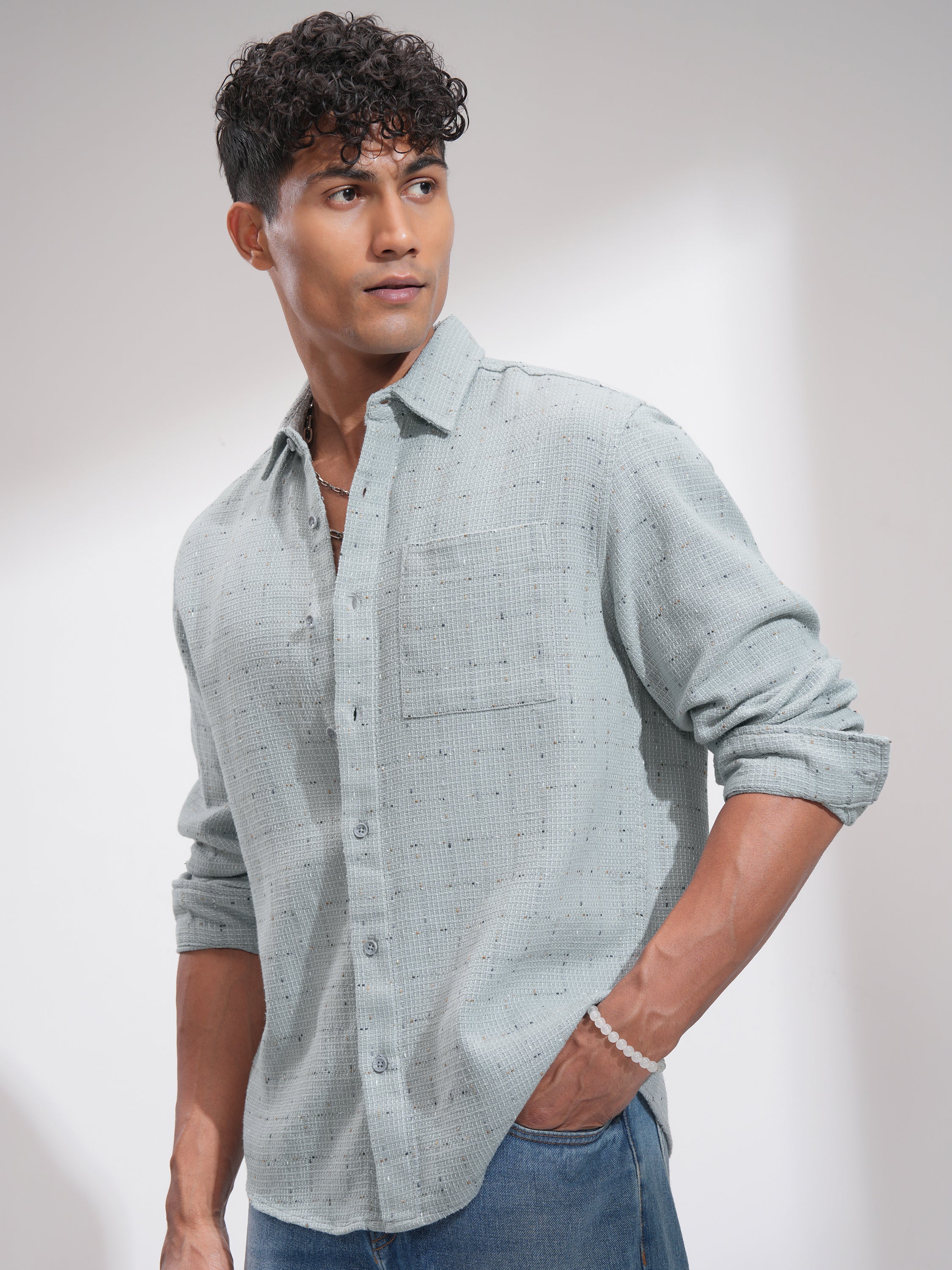 Highlander Men Grey Self Design Relaxed Fit Casual Shirt - Grey - Image 4