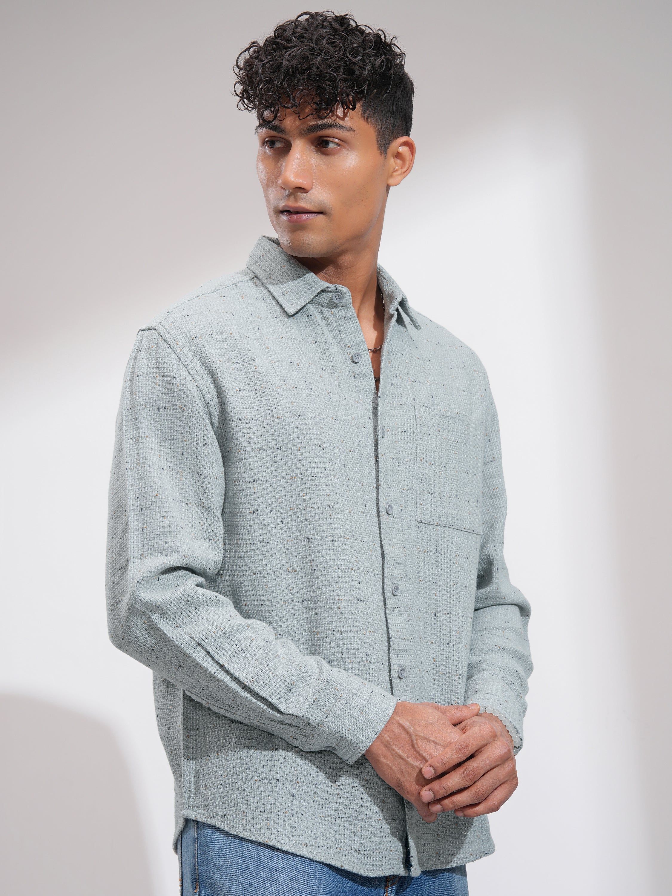 Highlander Men Grey Self Design Relaxed Fit Casual Shirt - Grey - Image 6
