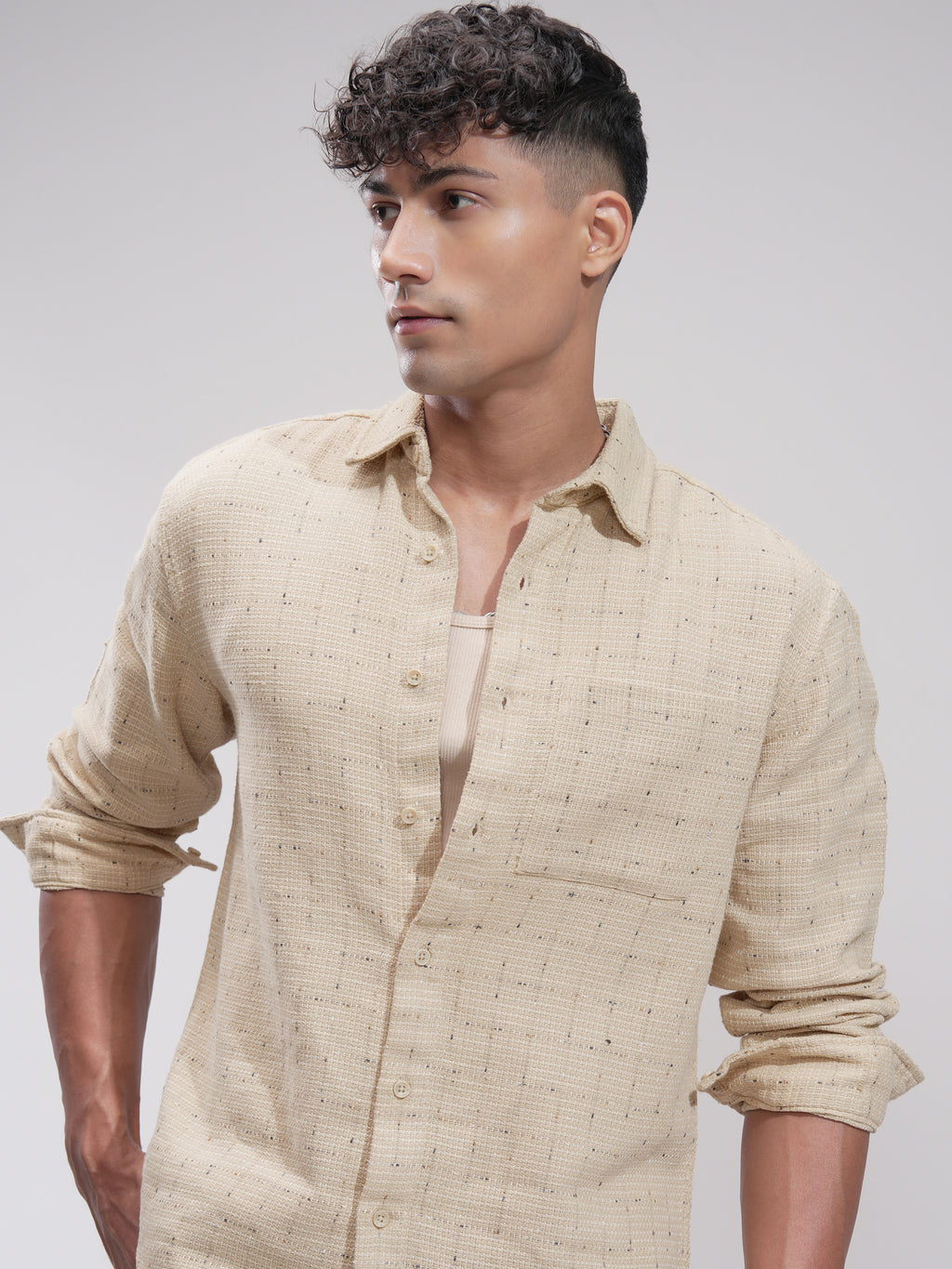 Highlander Men Beige Self Design Relaxed Fit Casual Shirt - Beige - Image 1
