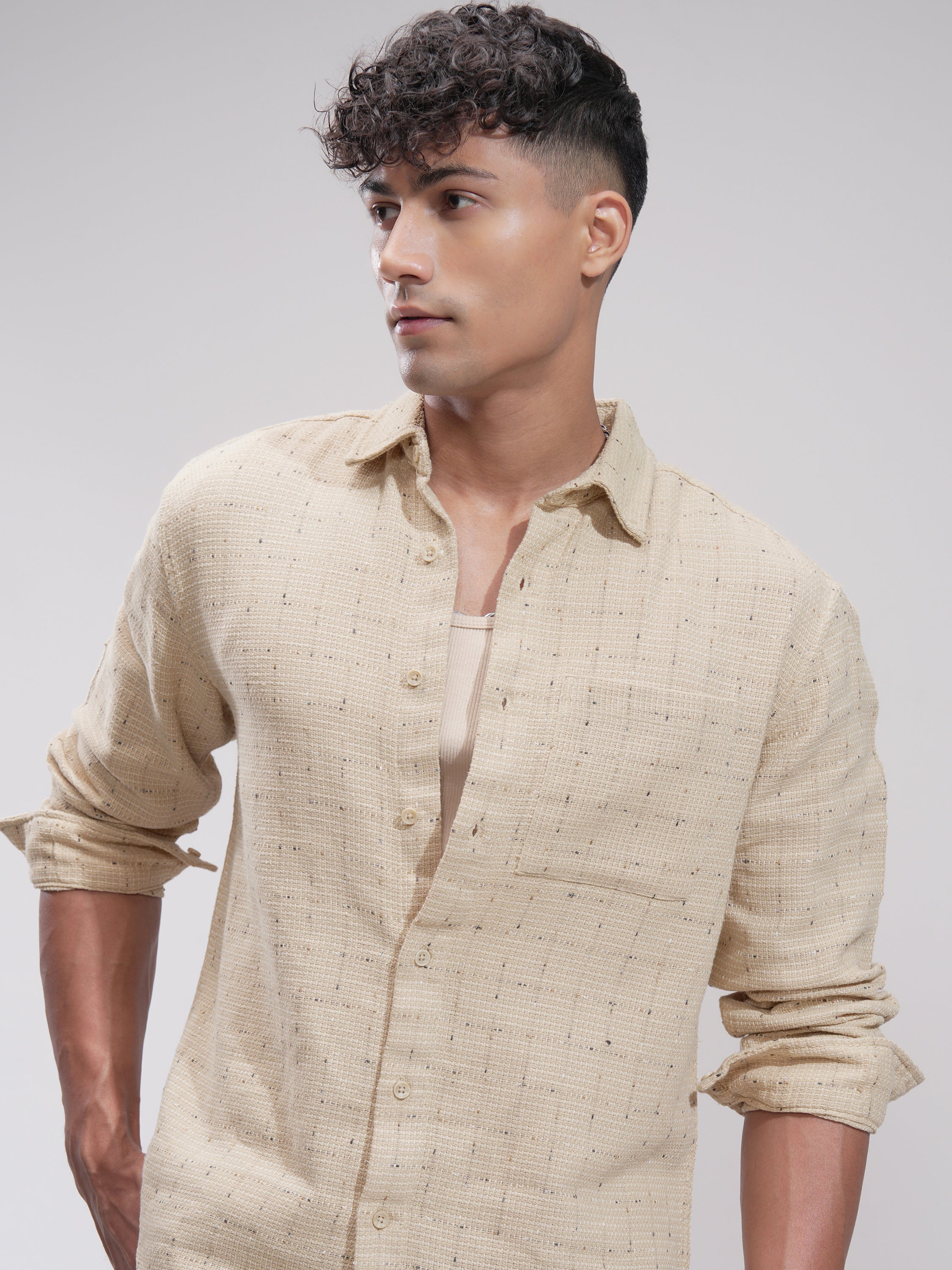 Highlander Men Beige Self Design Relaxed Fit Casual Shirt - Beige - Image 1