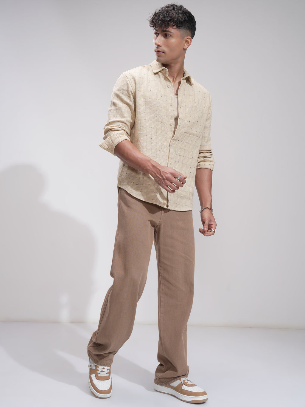 Highlander Men Beige Self Design Relaxed Fit Casual Shirt - Beige - Image 2