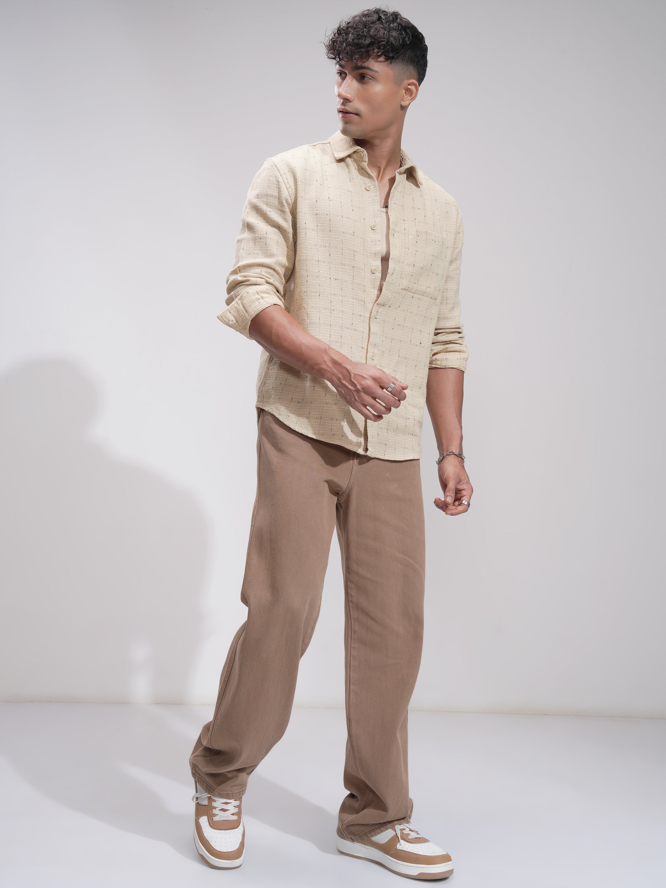 Highlander Men Beige Self Design Relaxed Fit Casual Shirt - Beige - Image 2