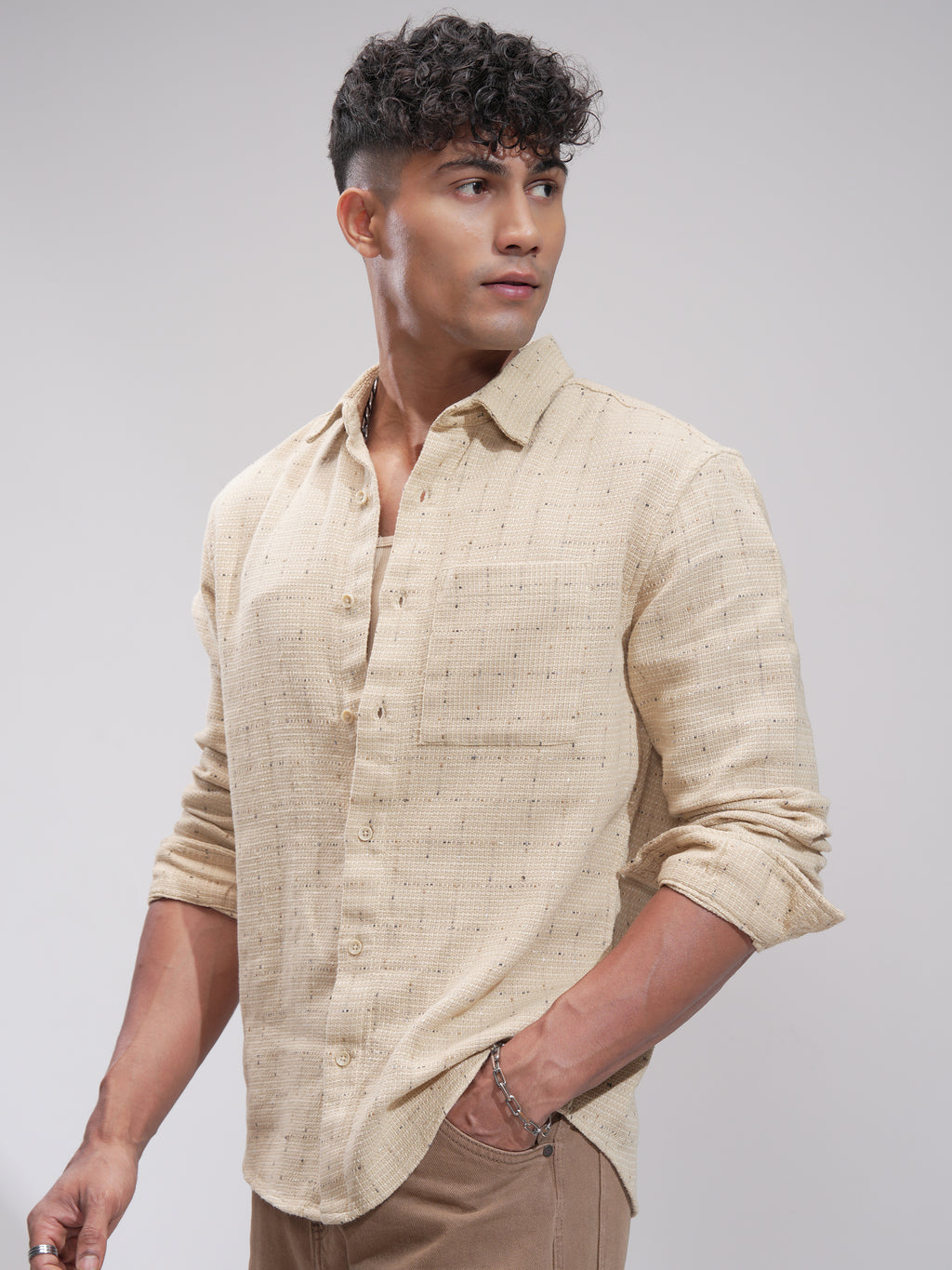 Highlander Men Beige Self Design Relaxed Fit Casual Shirt - Beige - Image 4