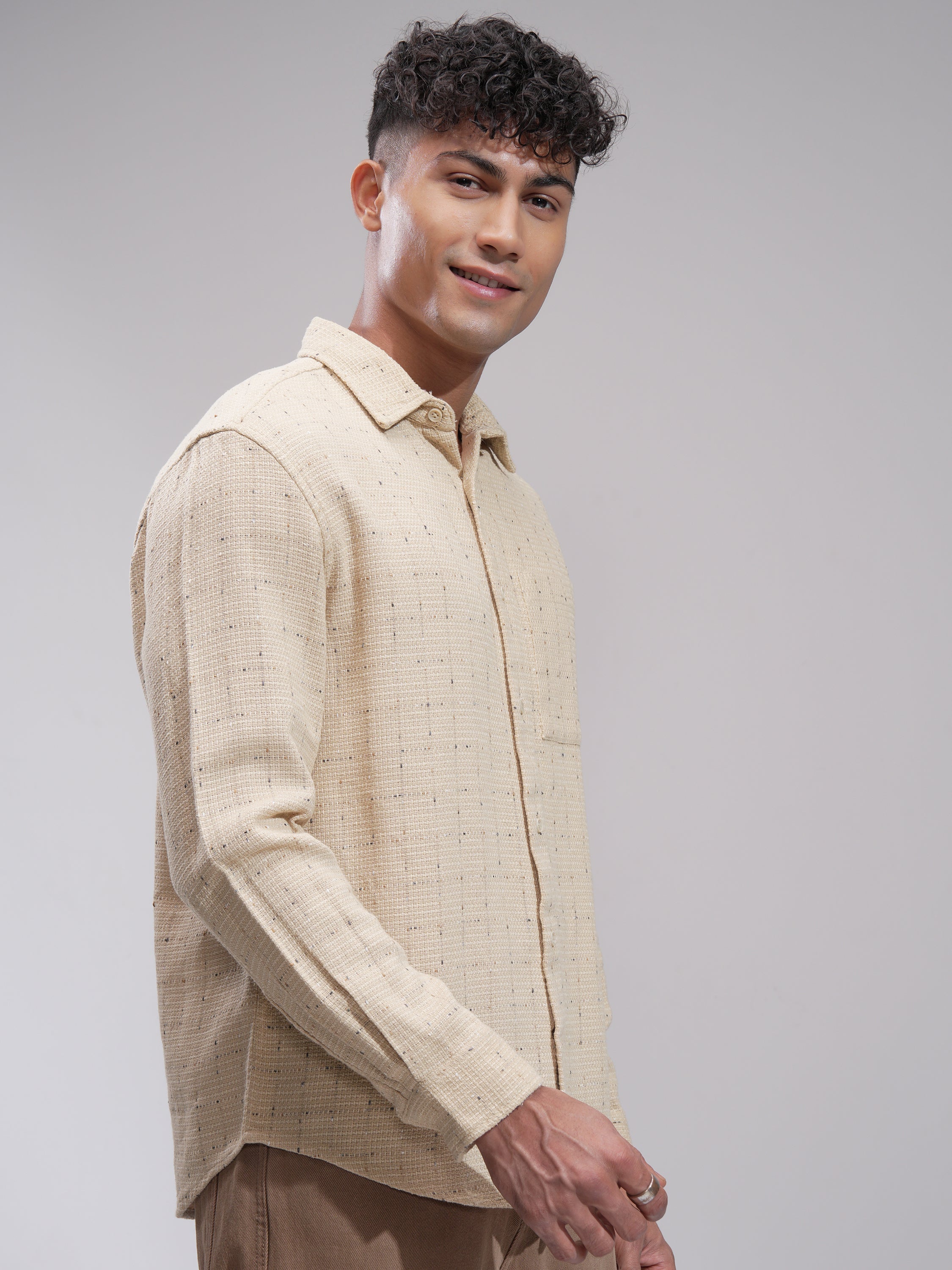 Highlander Men Beige Self Design Relaxed Fit Casual Shirt - Beige - Image 6