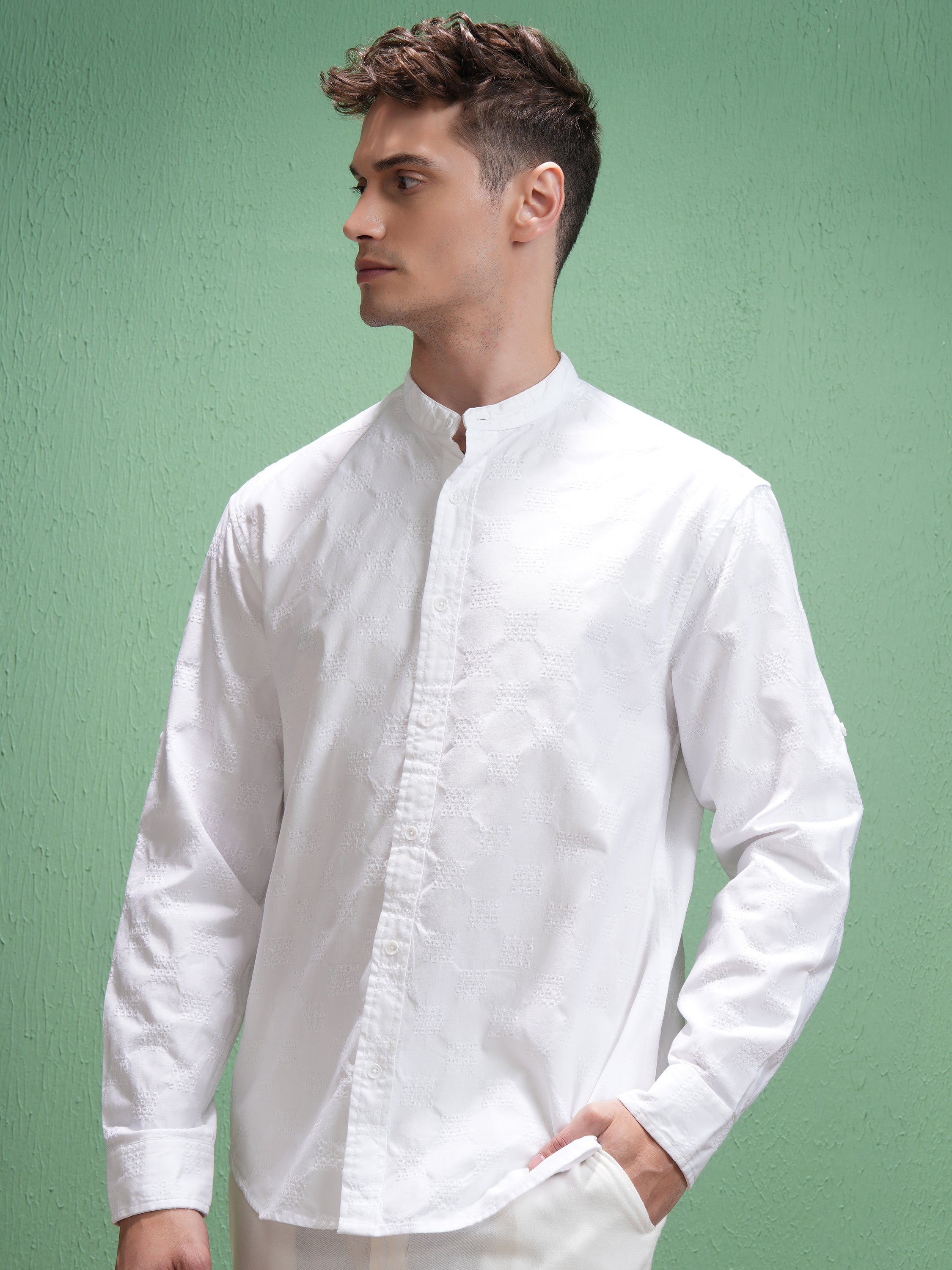 Highlander Men White Self Design Relaxed Fit Casual Shirt - White - Image 4