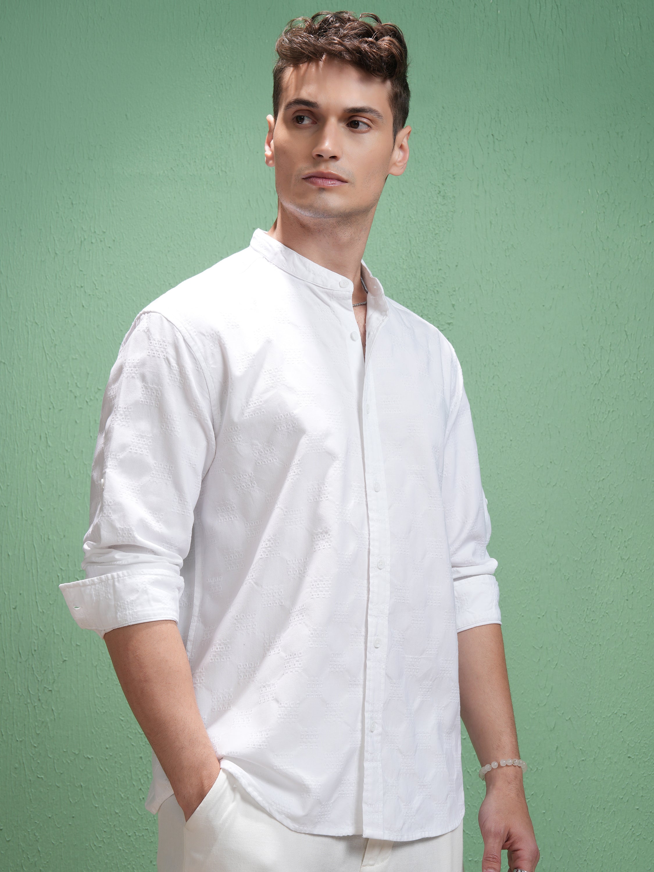 Highlander Men White Self Design Relaxed Fit Casual Shirt - White - Image 6