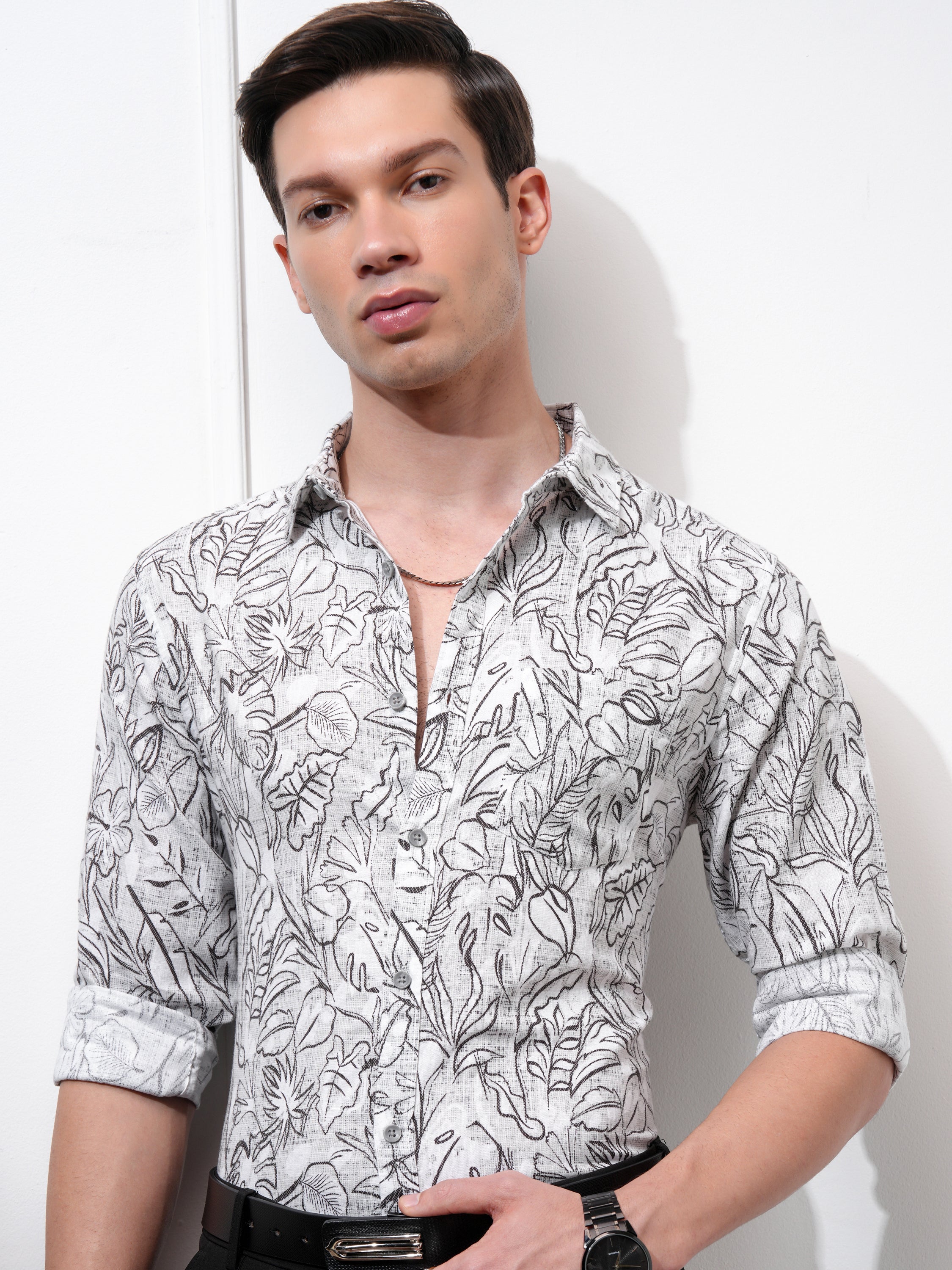 Highlander Men Cream Printed Slim Fit Casual Shirt - Cream - Image 1