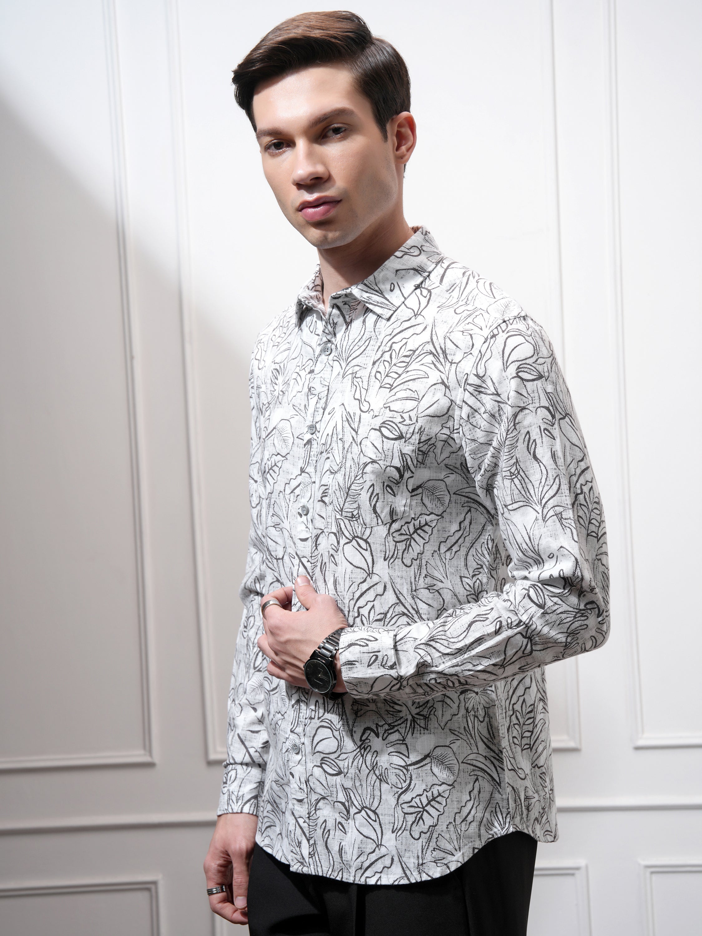 Highlander Men Cream Printed Slim Fit Casual Shirt - Cream - Image 4