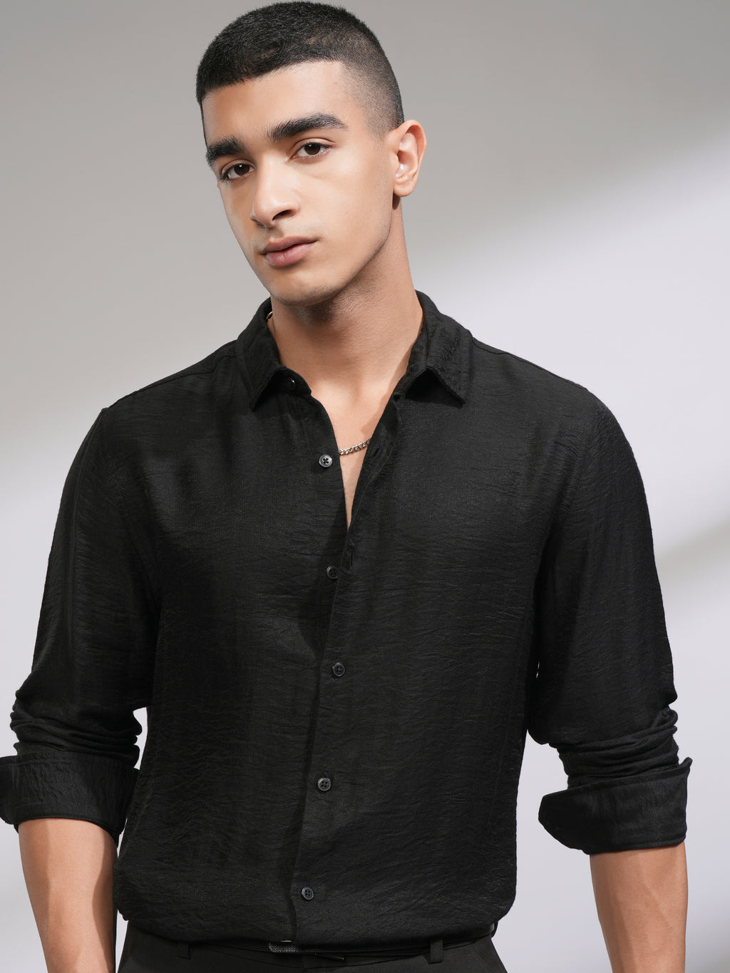 Highlander Men Black Self Design Slim Fit Casual Shirt - Black - Image 1