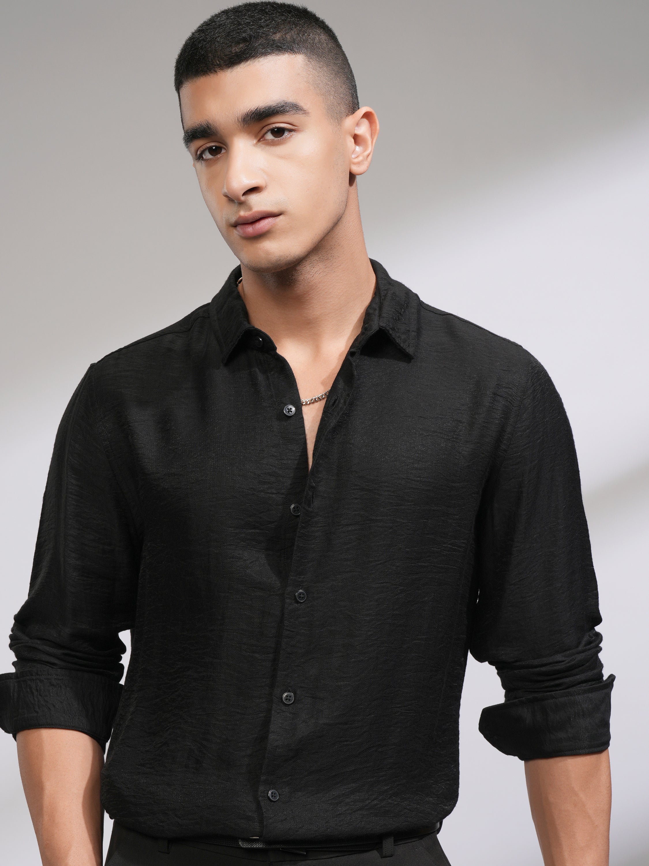 Highlander Men Black Self Design Slim Fit Casual Shirt - Black - Image 1