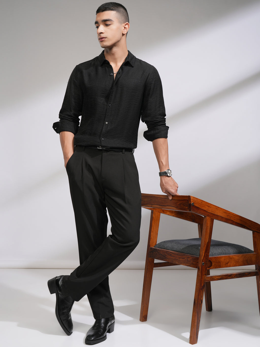 Highlander Men Black Self Design Slim Fit Casual Shirt - Black - Image 2