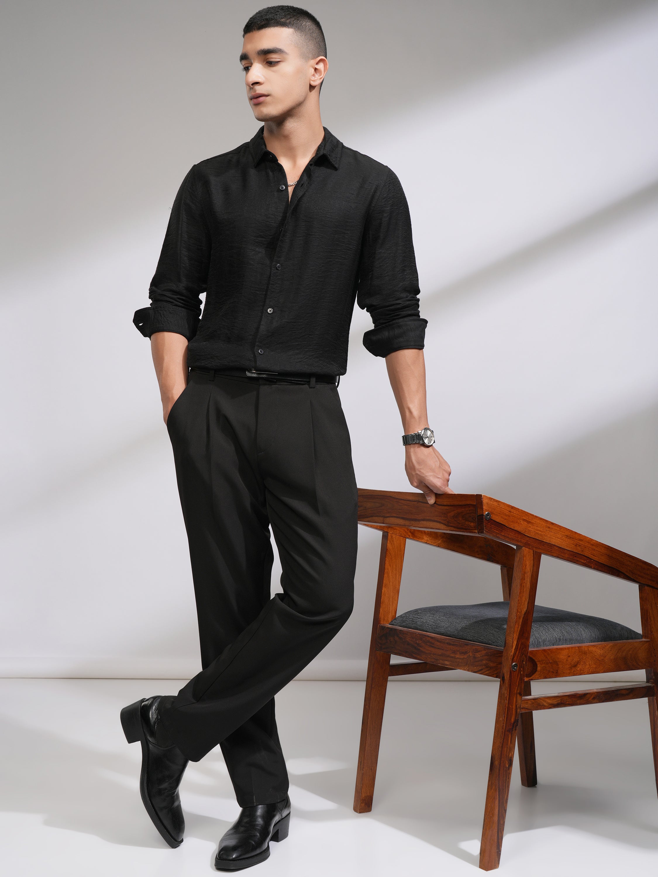 Highlander Men Black Self Design Slim Fit Casual Shirt - Black - Image 2