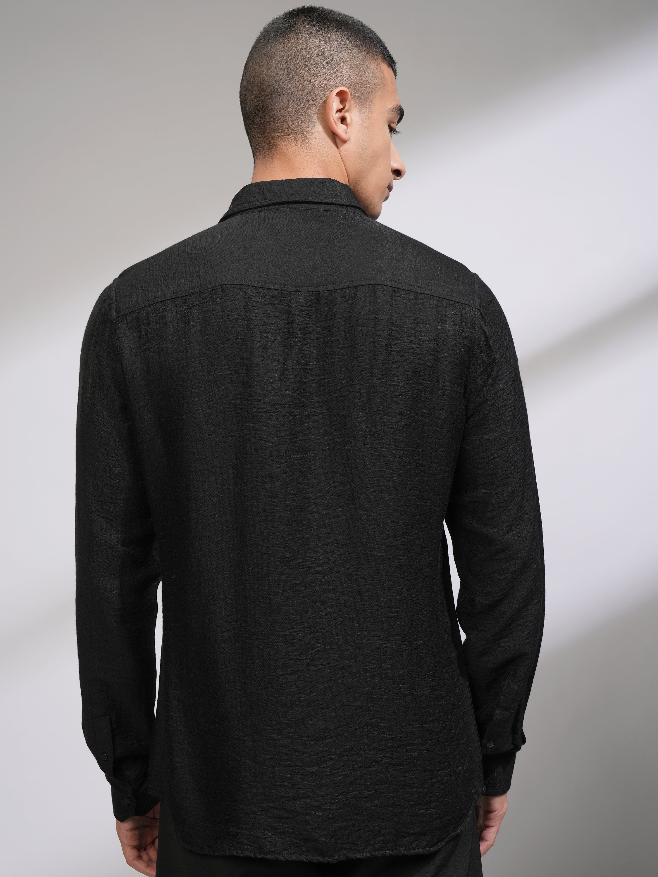 Highlander Men Black Self Design Slim Fit Casual Shirt - Black - Image 3