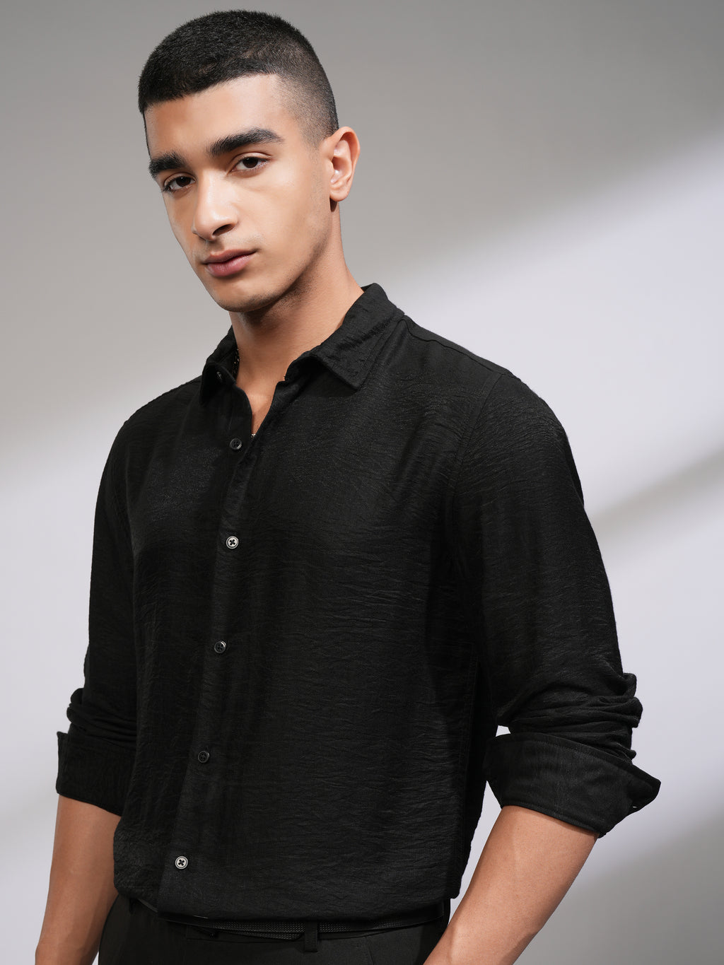 Highlander Men Black Self Design Slim Fit Casual Shirt - Black - Image 4