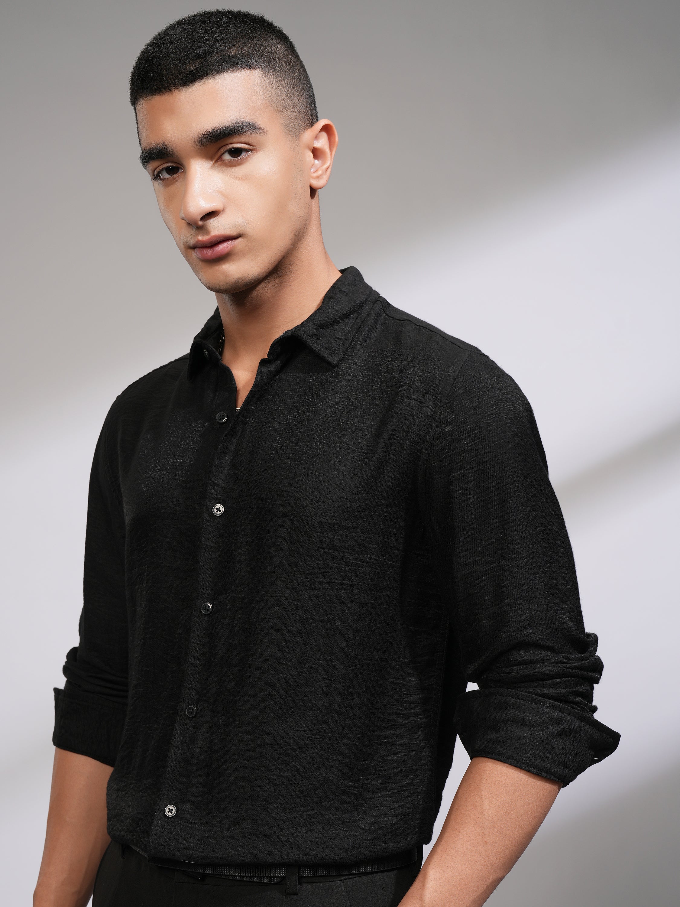 Highlander Men Black Self Design Slim Fit Casual Shirt - Black - Image 4