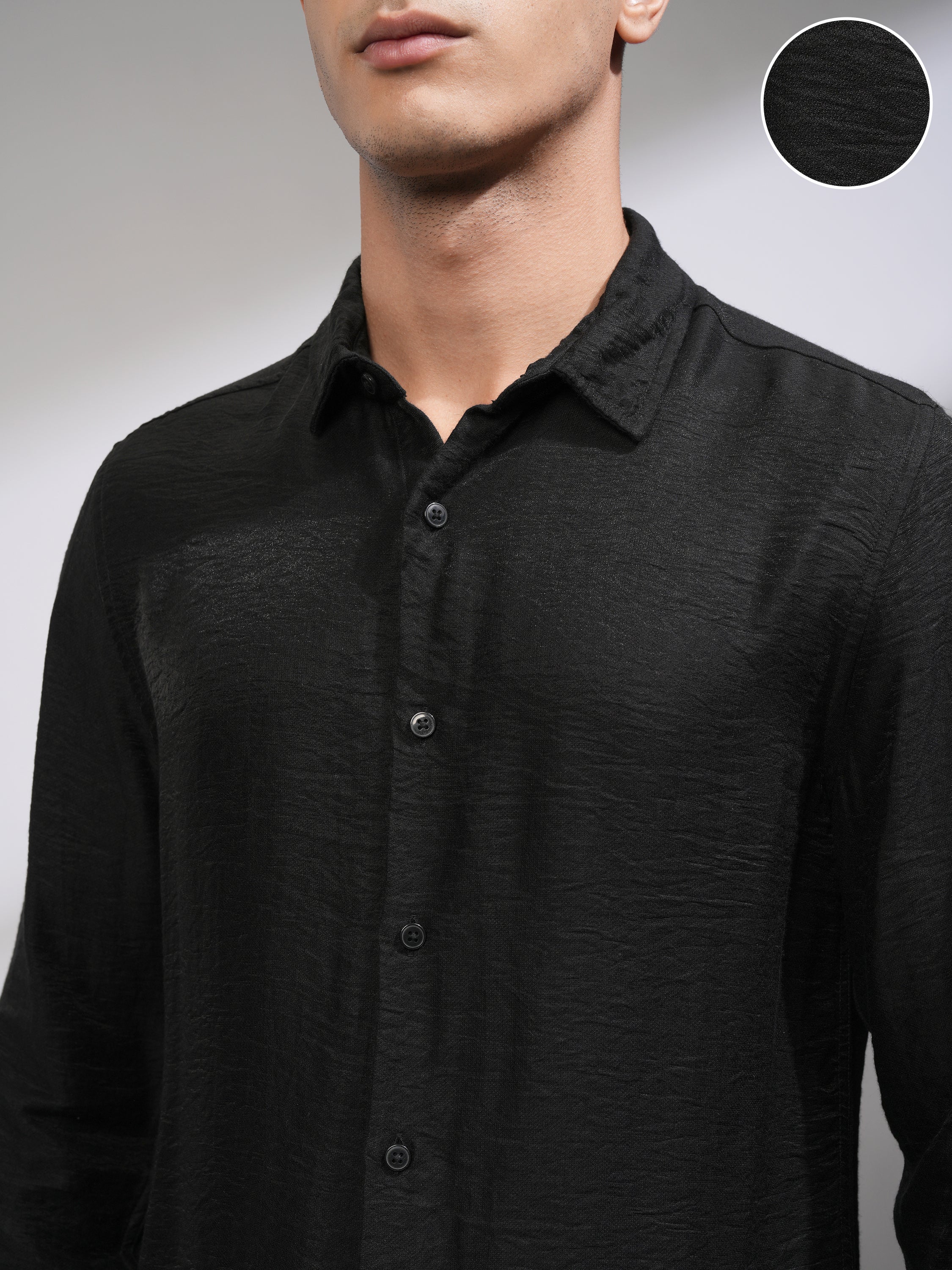 Highlander Men Black Self Design Slim Fit Casual Shirt - Black - Image 5