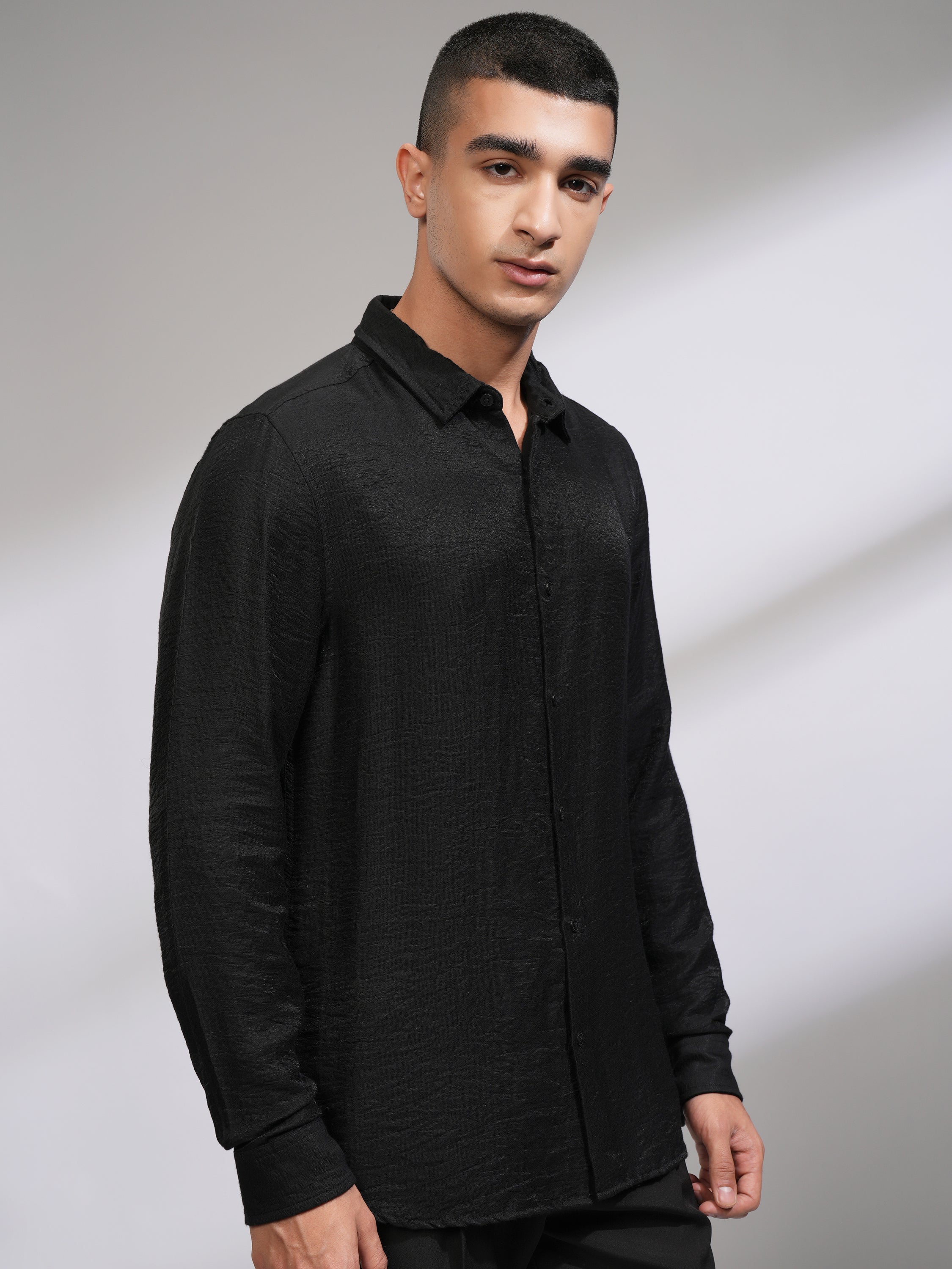 Highlander Men Black Self Design Slim Fit Casual Shirt - Black - Image 6