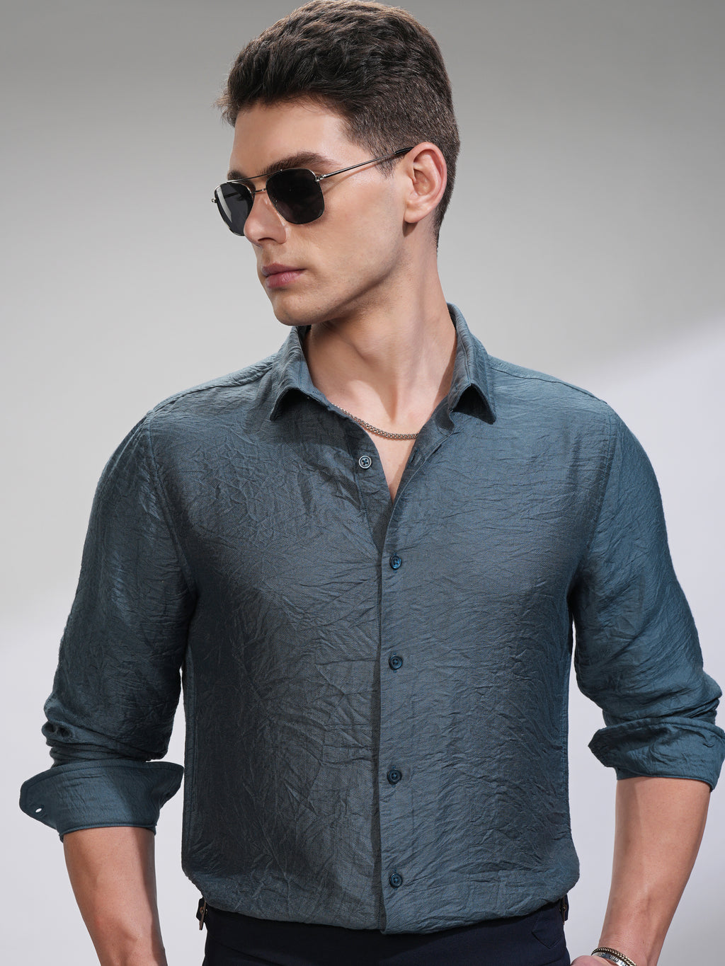 Highlander Men Blue Self Design Slim Fit Casual Shirt - Blue - Image 1