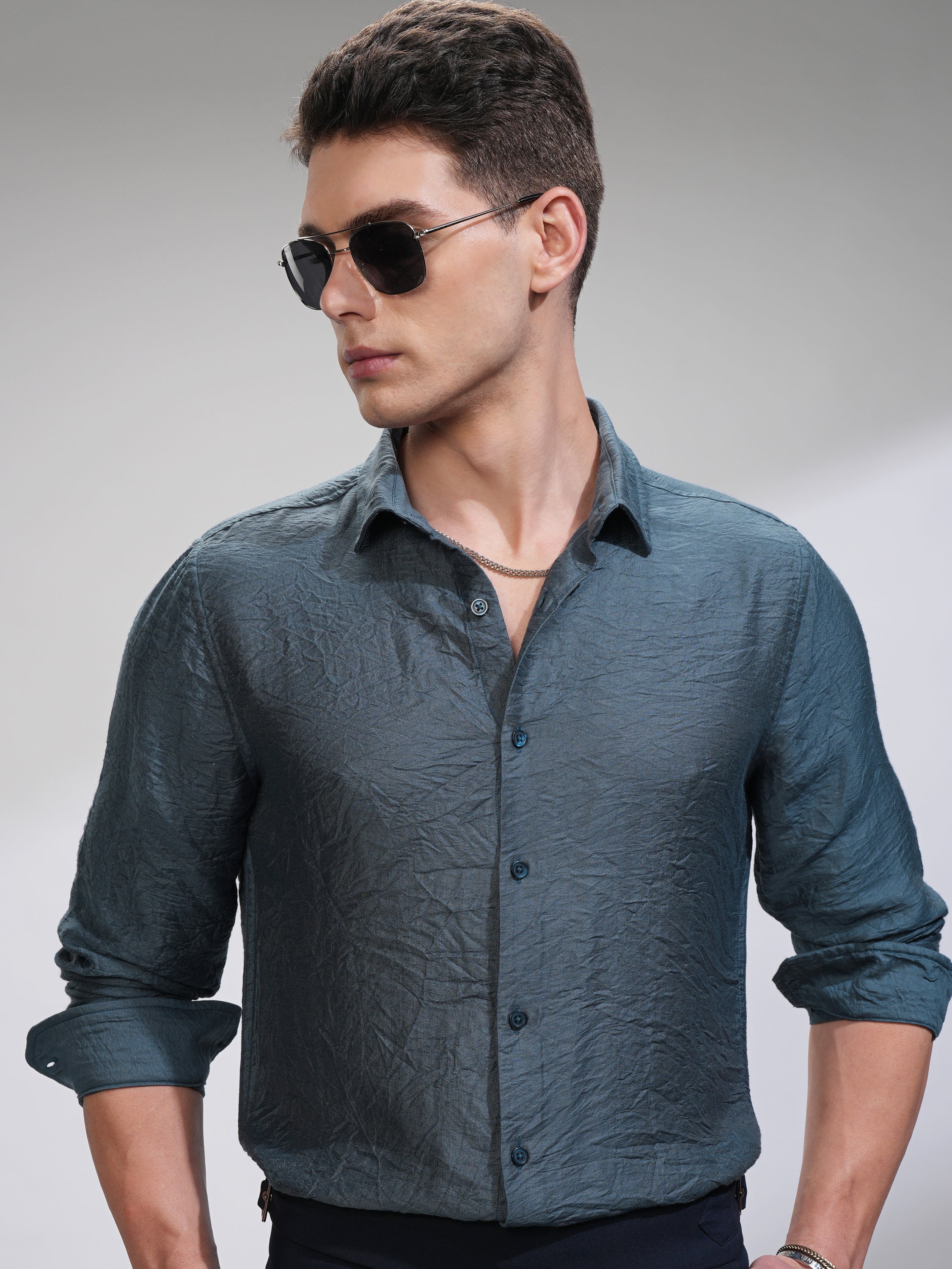 Highlander Men Blue Self Design Slim Fit Casual Shirt - Blue - Image 1