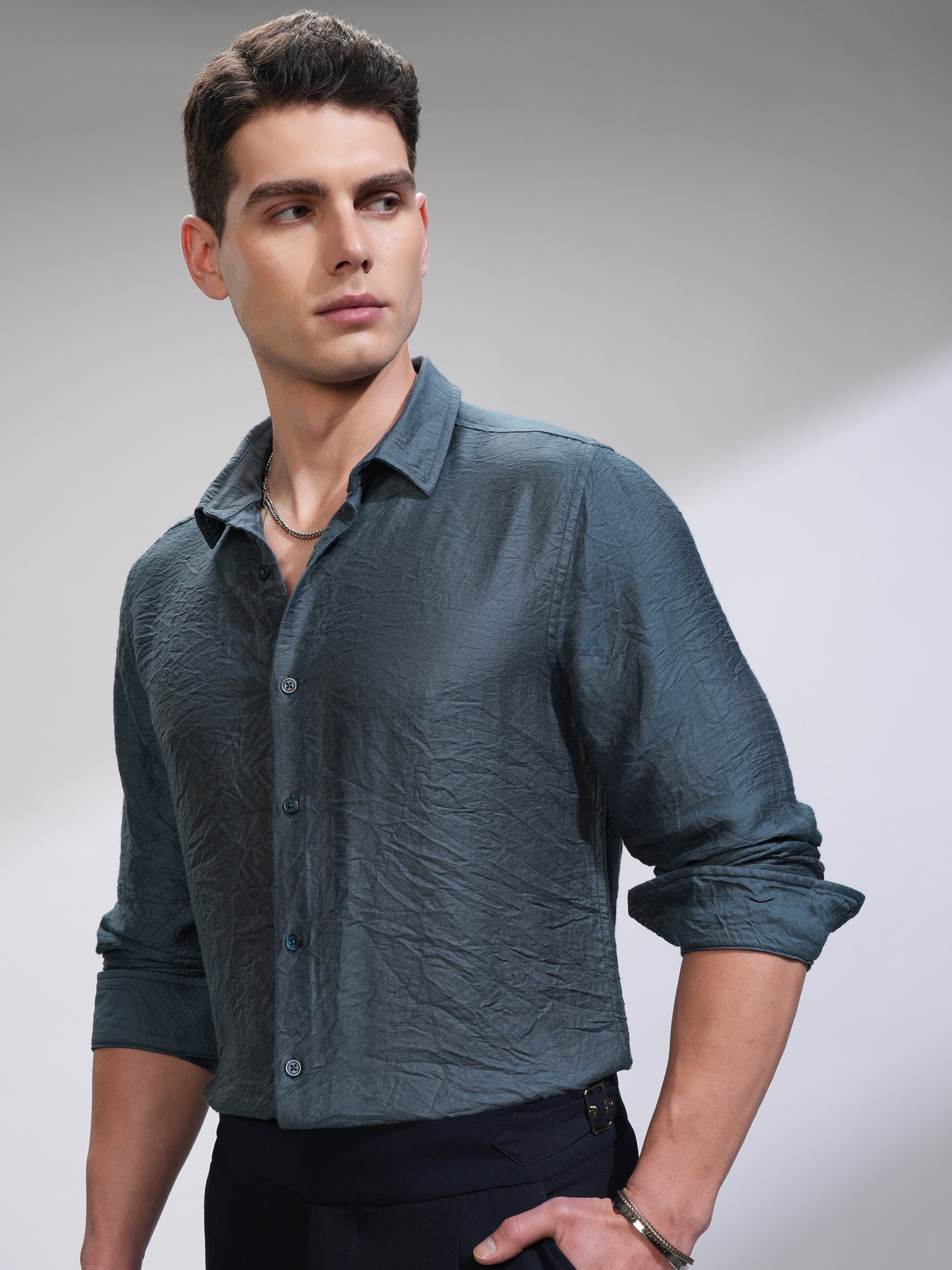 Highlander Men Blue Self Design Slim Fit Casual Shirt - Blue - Image 4