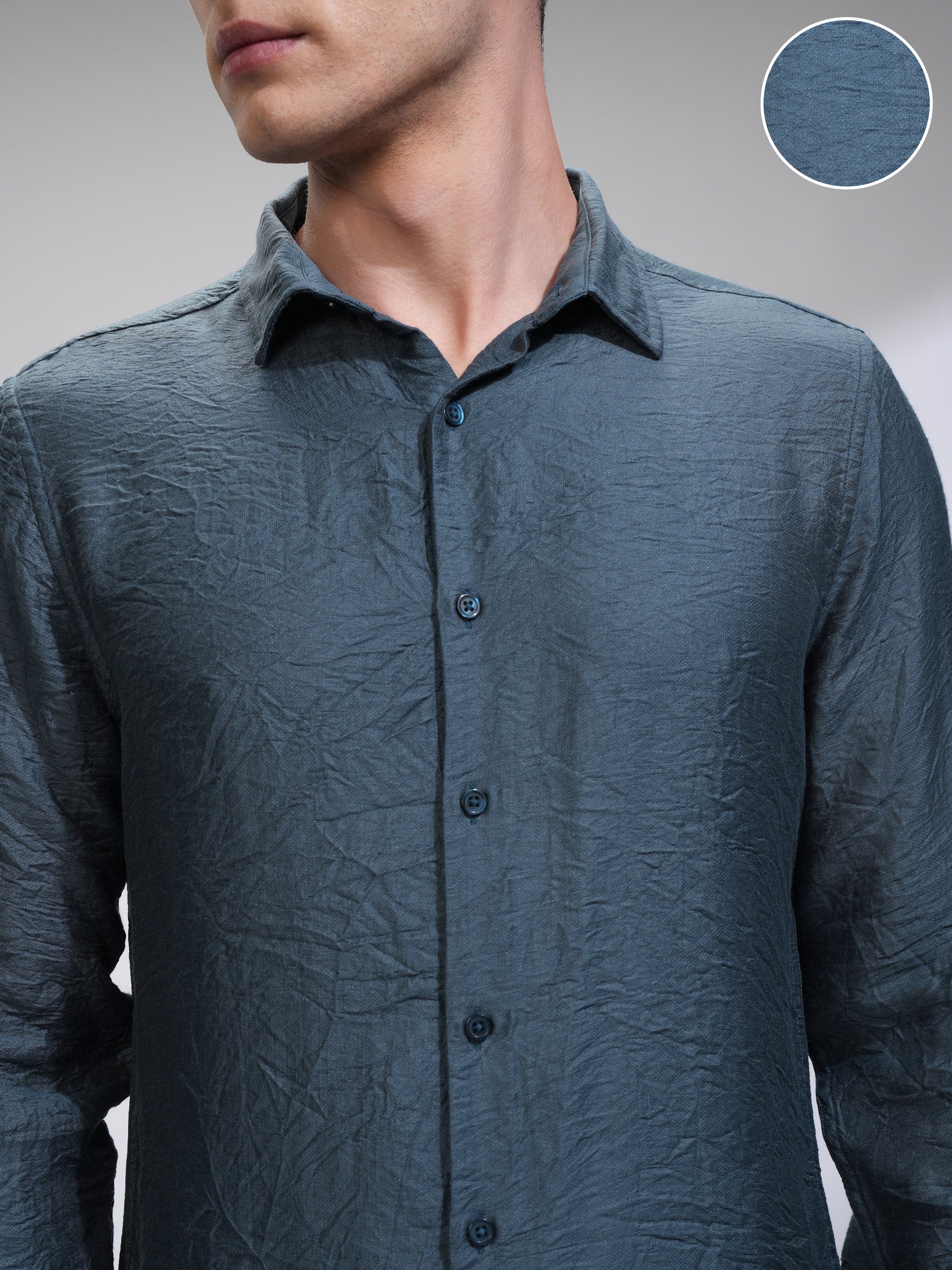 Highlander Men Blue Self Design Slim Fit Casual Shirt - Blue - Image 5