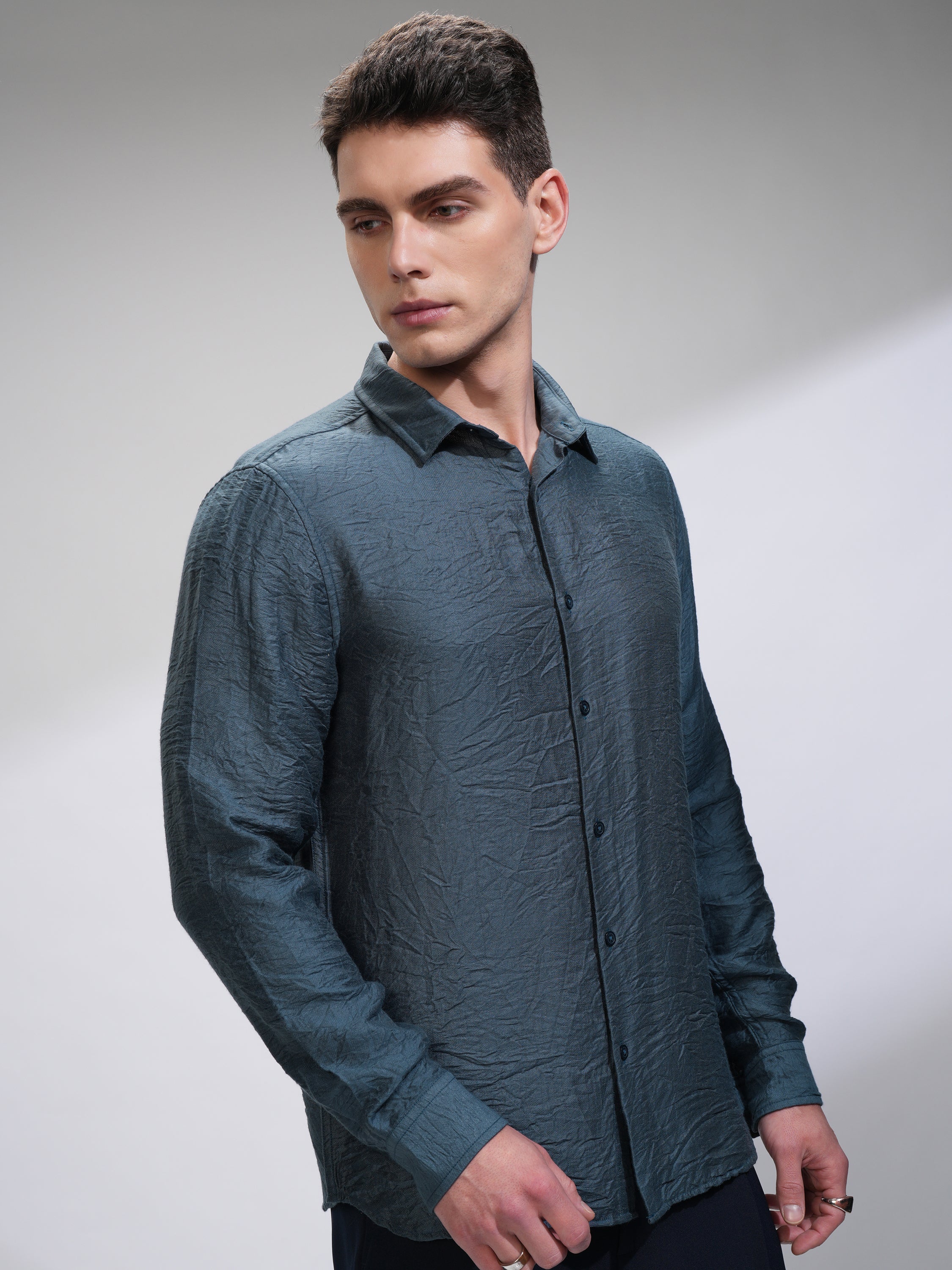 Highlander Men Blue Self Design Slim Fit Casual Shirt - Blue - Image 6