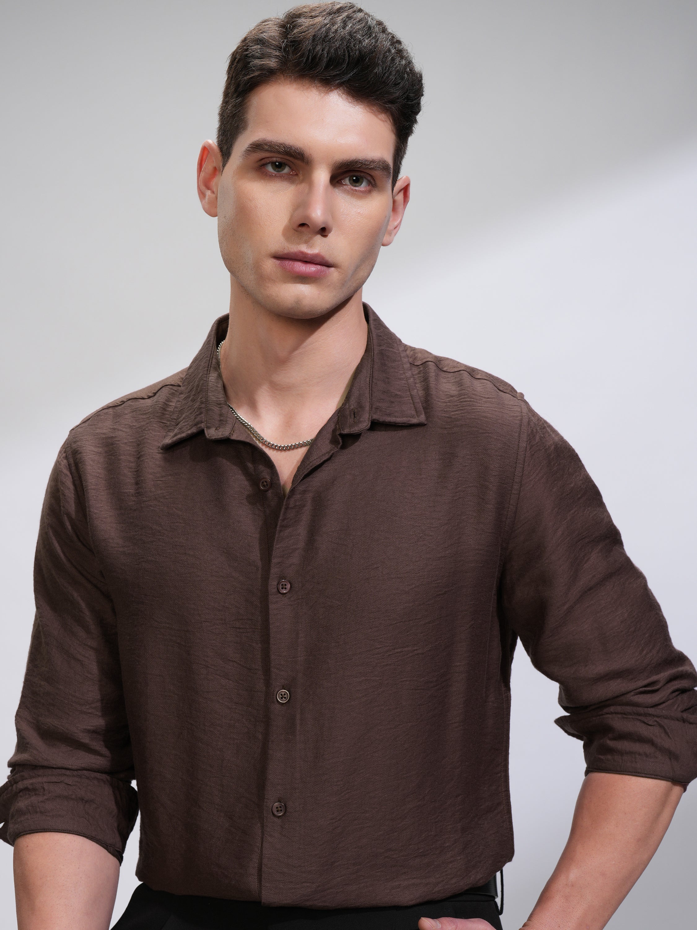 Highlander Men Brown Self Design Slim Fit Casual Shirt - Brown - Image 1