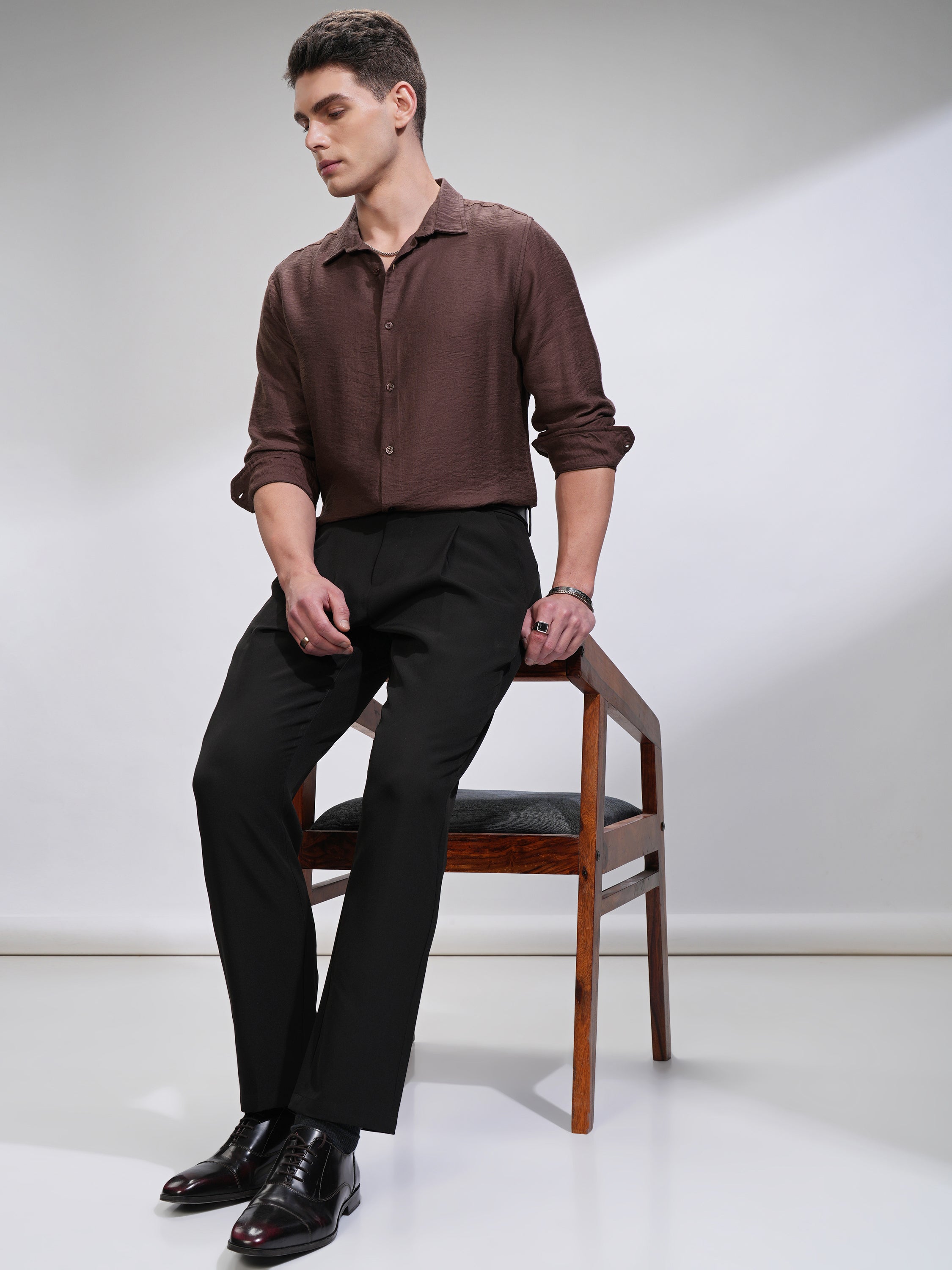 Highlander Men Brown Self Design Slim Fit Casual Shirt - Brown - Image 2