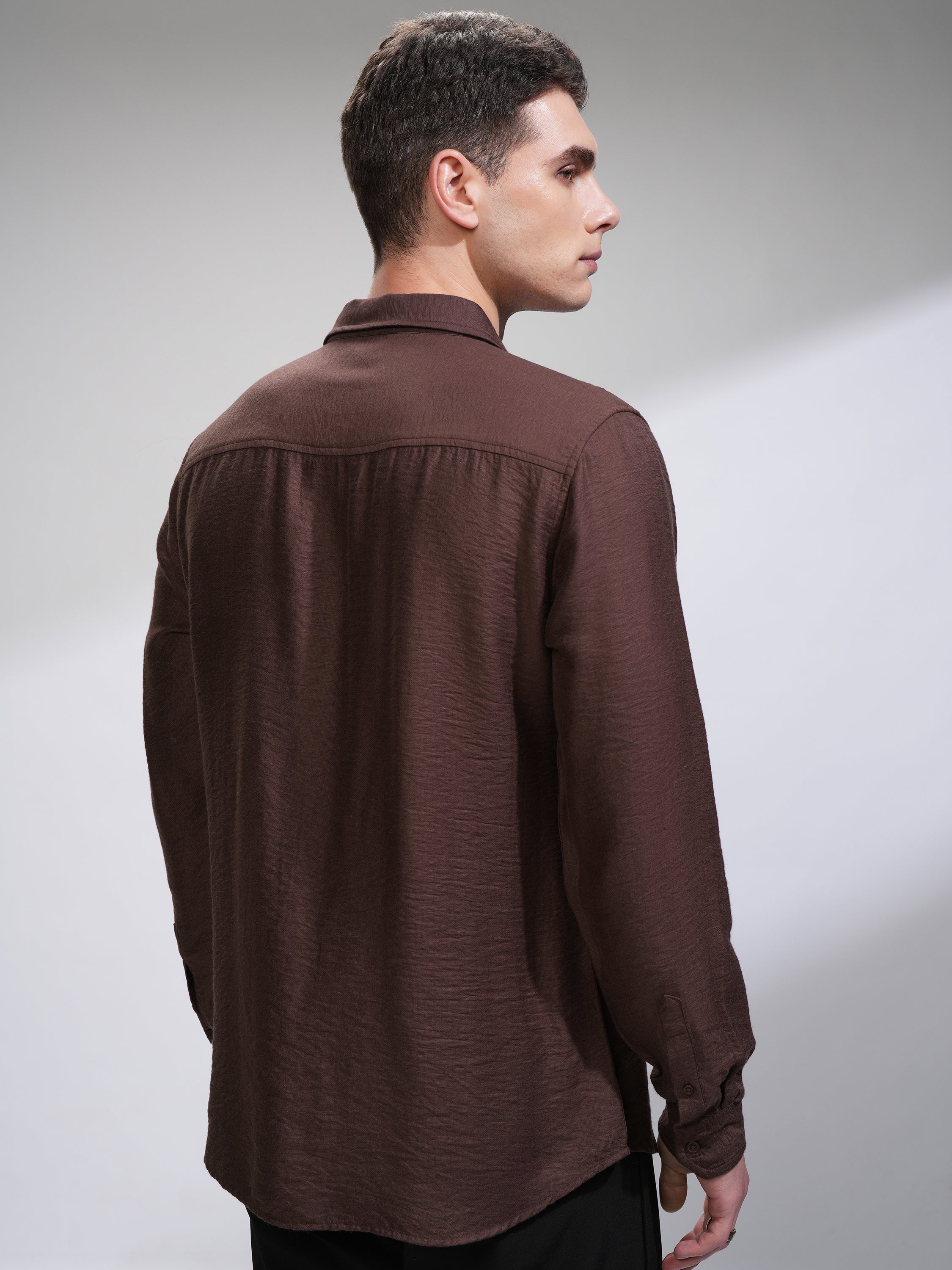 Highlander Men Brown Self Design Slim Fit Casual Shirt - Brown - Image 3