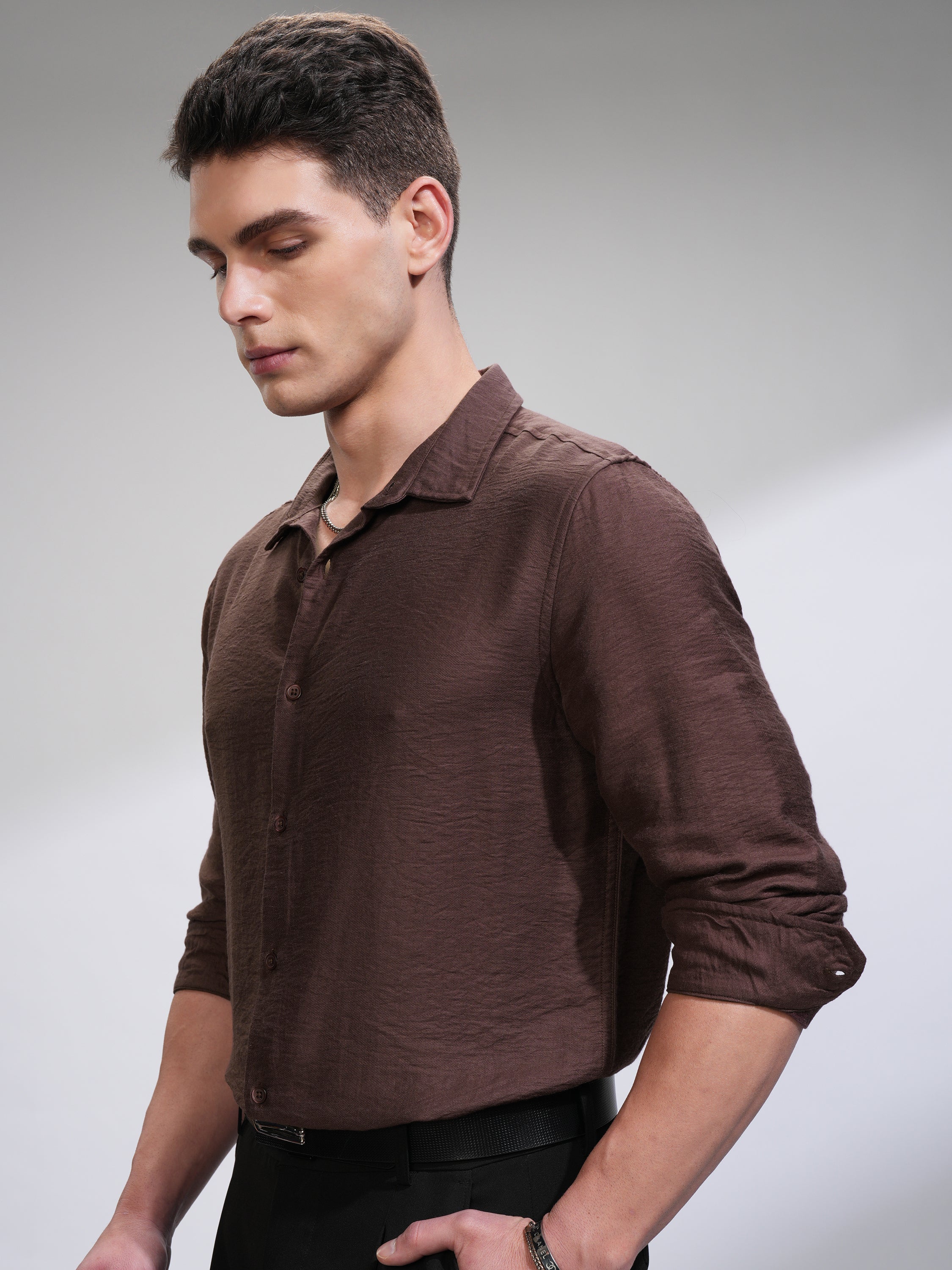 Highlander Men Brown Self Design Slim Fit Casual Shirt - Brown - Image 4