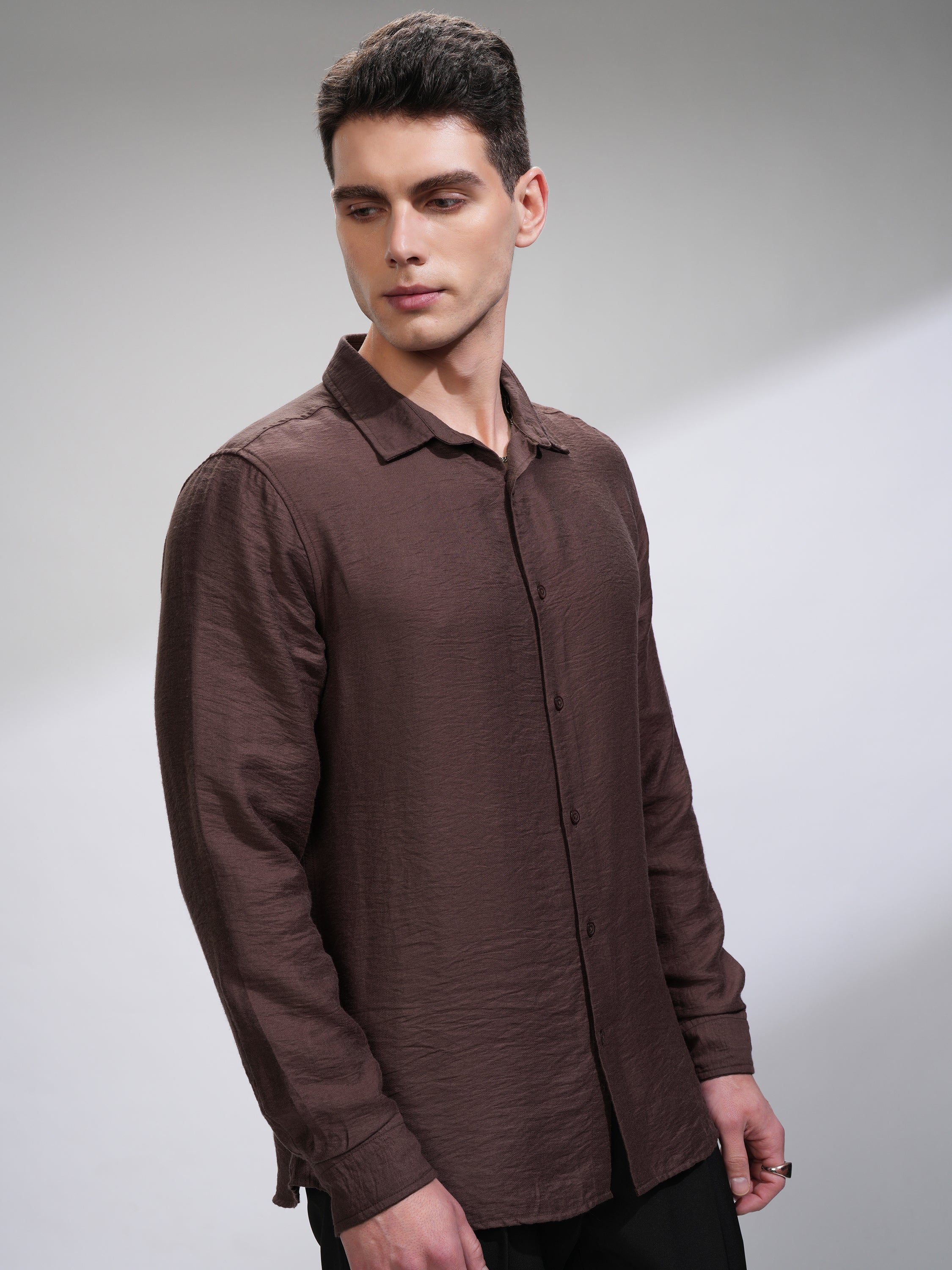 Highlander Men Brown Self Design Slim Fit Casual Shirt - Brown - Image 6