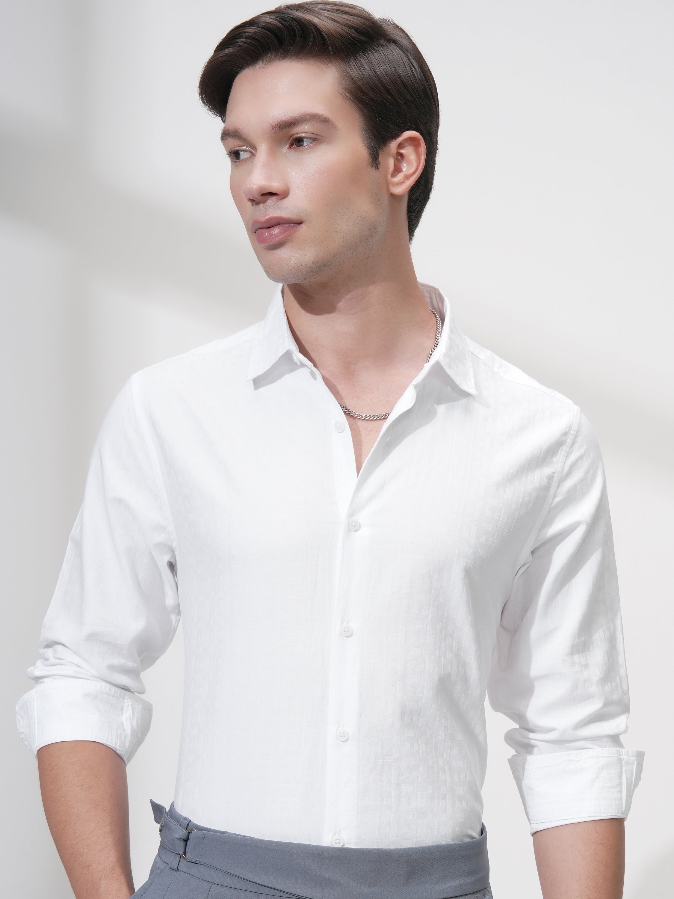 Highlander Men White Self Design Slim Fit Casual Shirt - White - Image 1