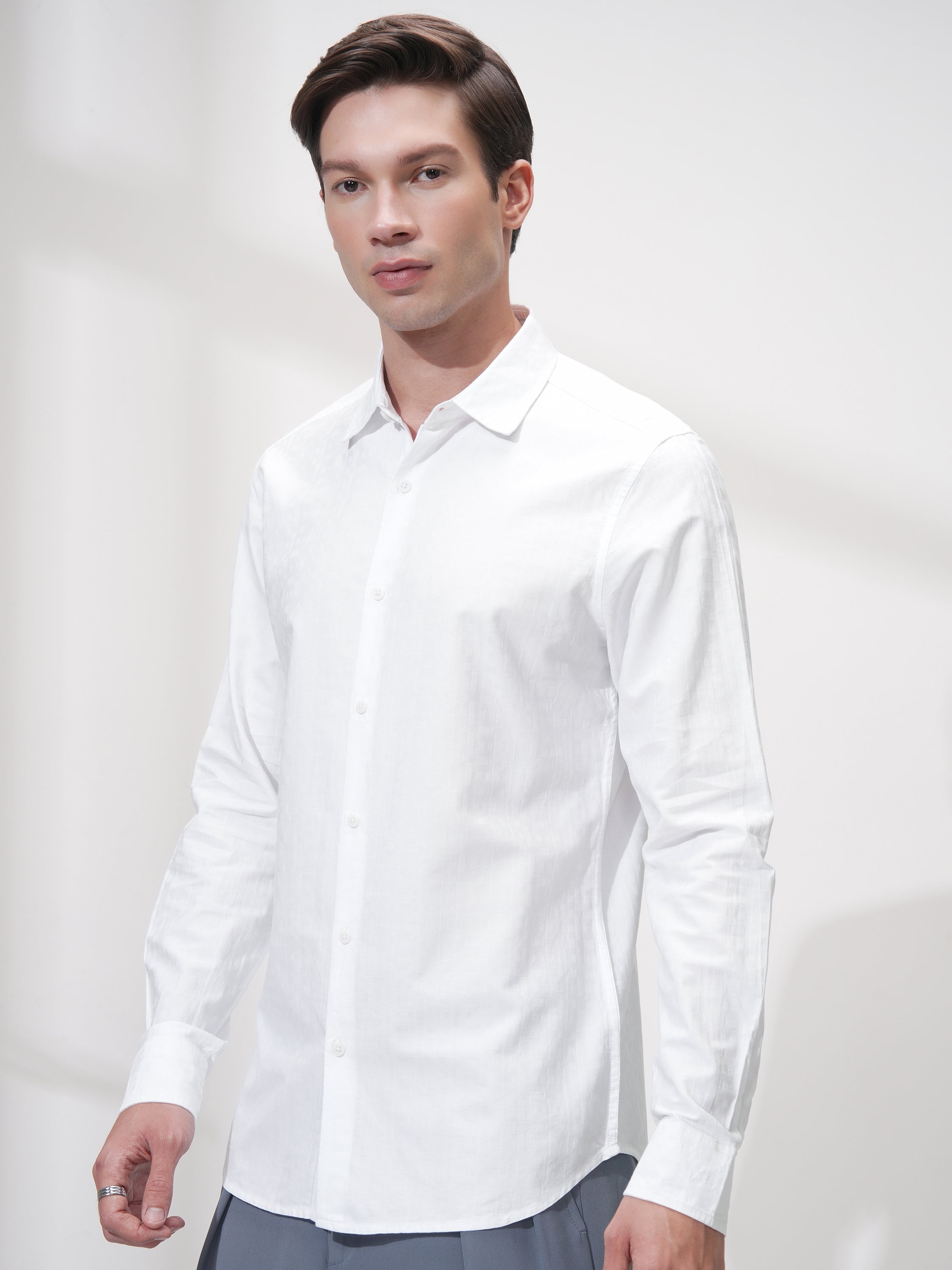 Highlander Men White Self Design Slim Fit Casual Shirt - White - Image 4