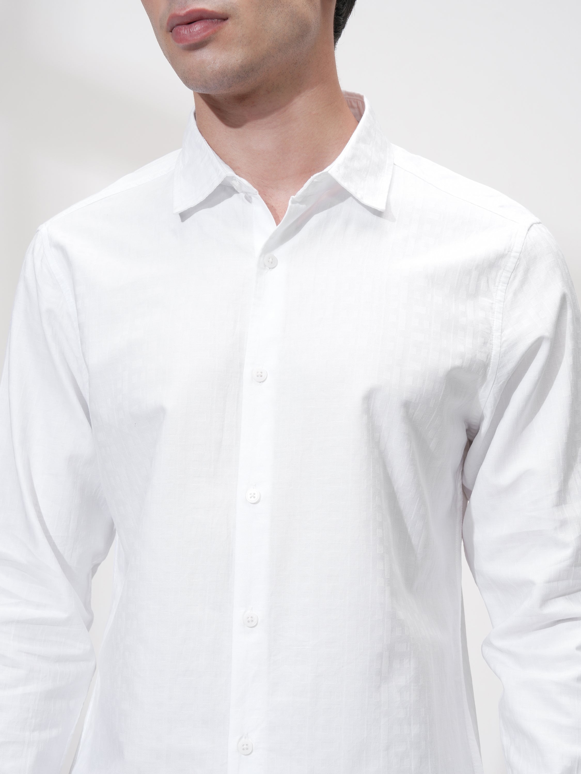 Highlander Men White Self Design Slim Fit Casual Shirt - White - Image 5