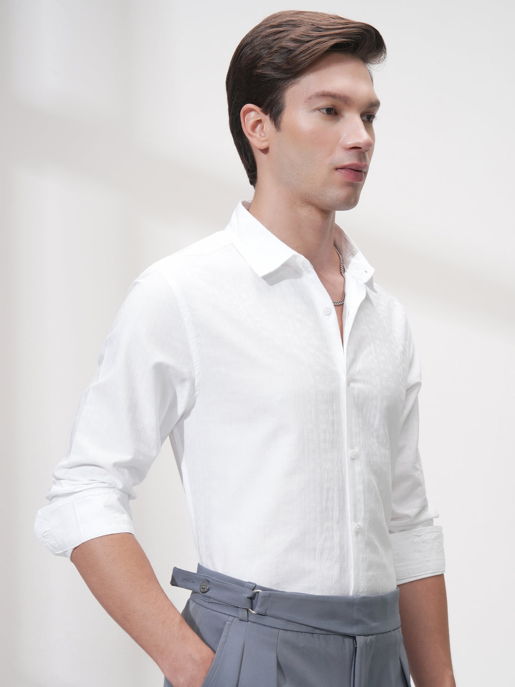 Highlander Men White Self Design Slim Fit Casual Shirt - White - Image 6