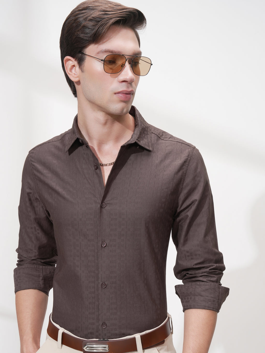 Highlander Men Brown Self Design Slim Fit Casual Shirt - Brown - Image 1