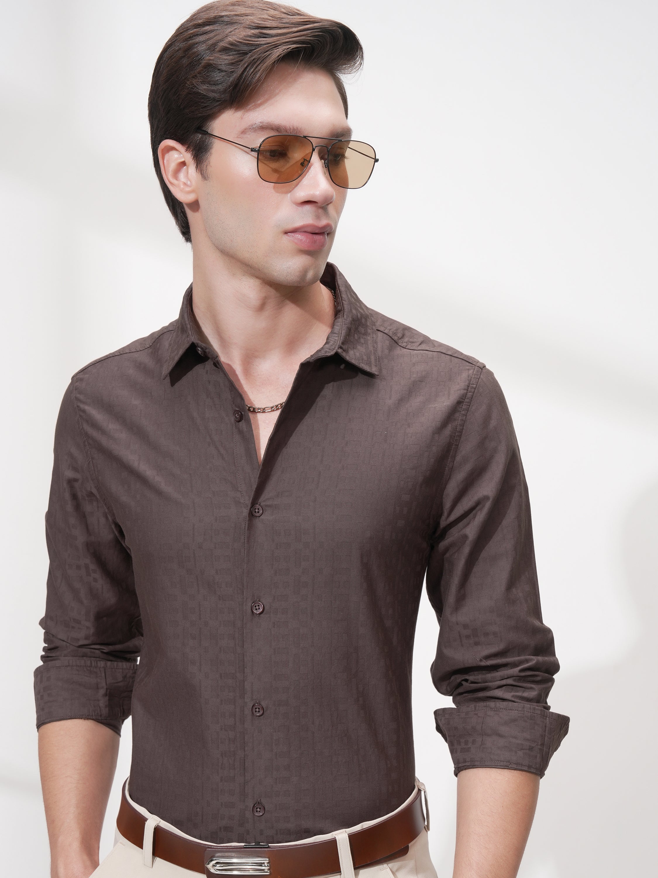 Highlander Men Brown Self Design Slim Fit Casual Shirt - Brown - Image 1
