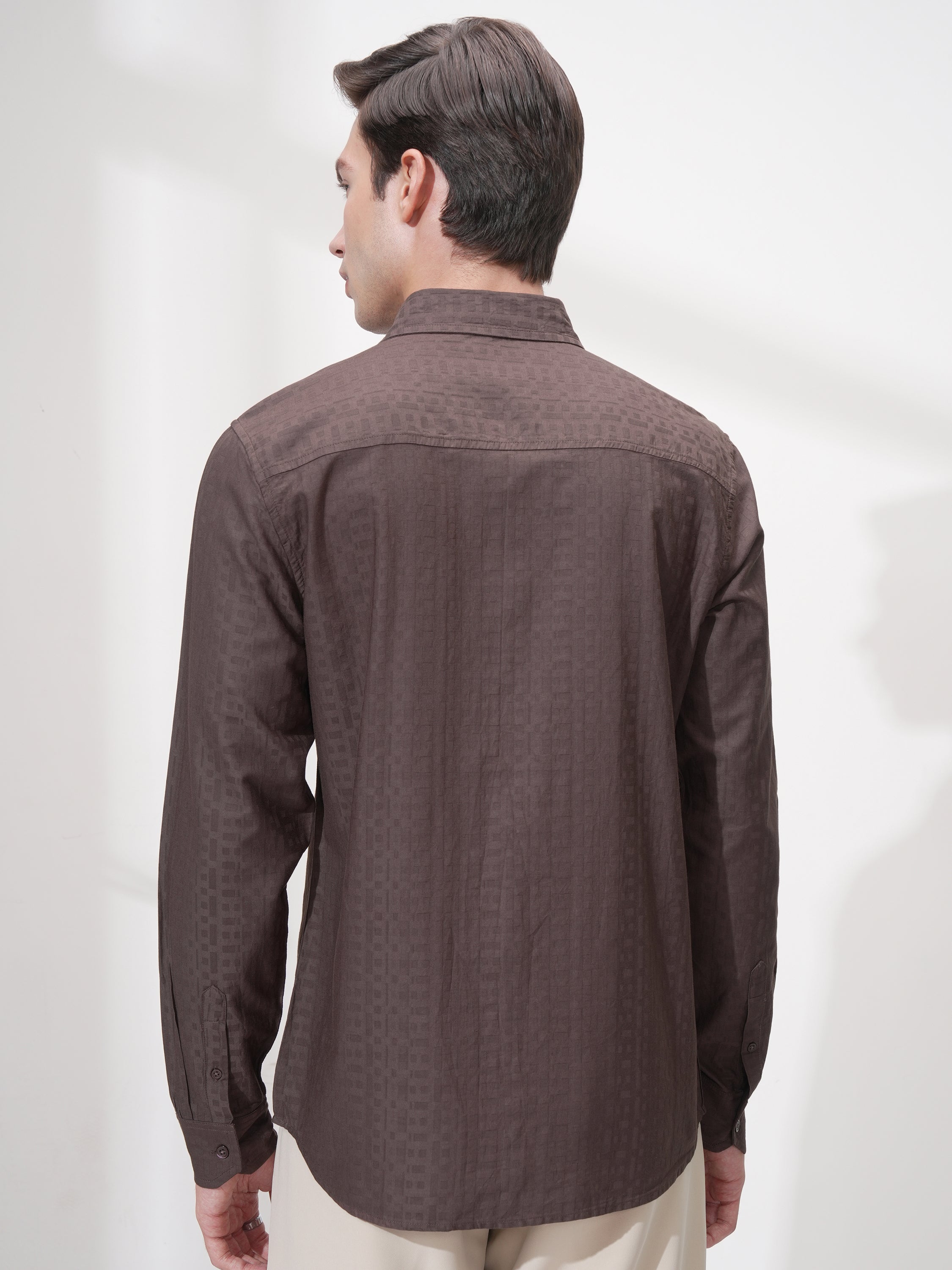 Highlander Men Brown Self Design Slim Fit Casual Shirt - Brown - Image 3