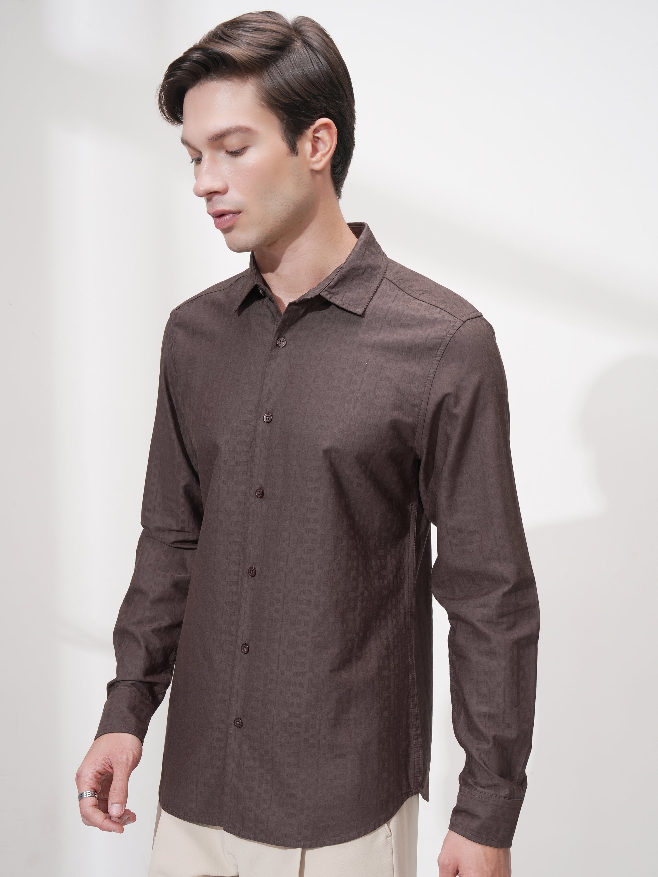 Highlander Men Brown Self Design Slim Fit Casual Shirt - Brown - Image 4